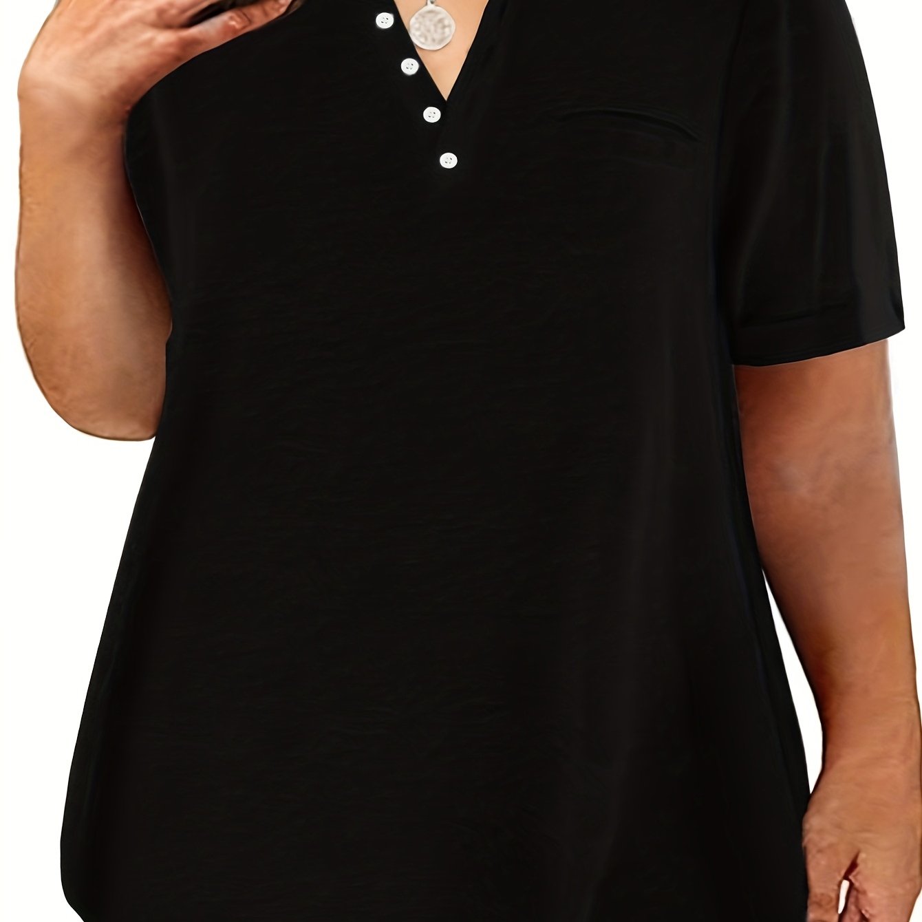 Plus Size Button Front Short Sleeve T-shirt, Women's Plus Slight Stretch Casual Tee