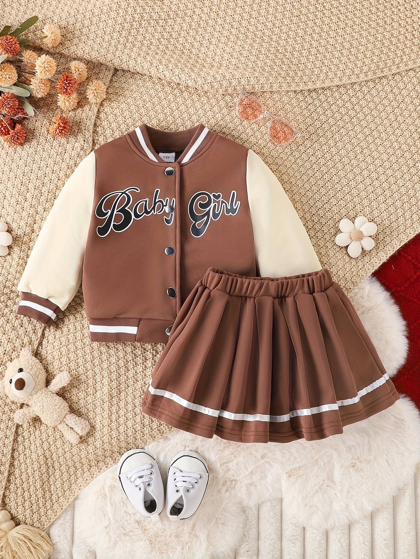 Preppy Style Girls 2pcs BABY GIRL Print Baseball Jacket + Pleated Skirt Outdoor Set For Party Sports Gift