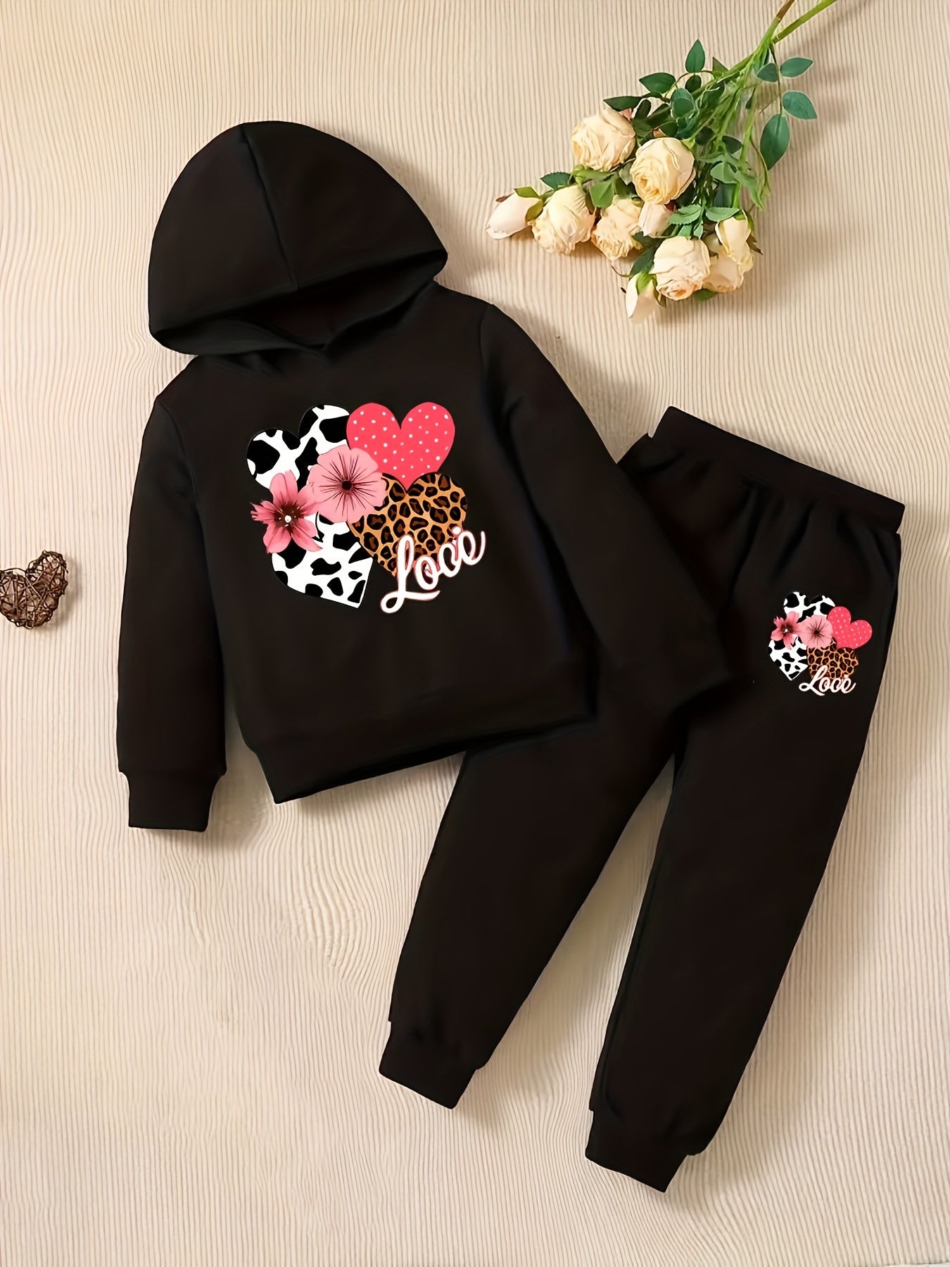 Baby Girl Love Love Flower Pattern Hoodie+Casual Pants Two Piece Set Spring and Autumn Sportswear, Perfect for Outdoor