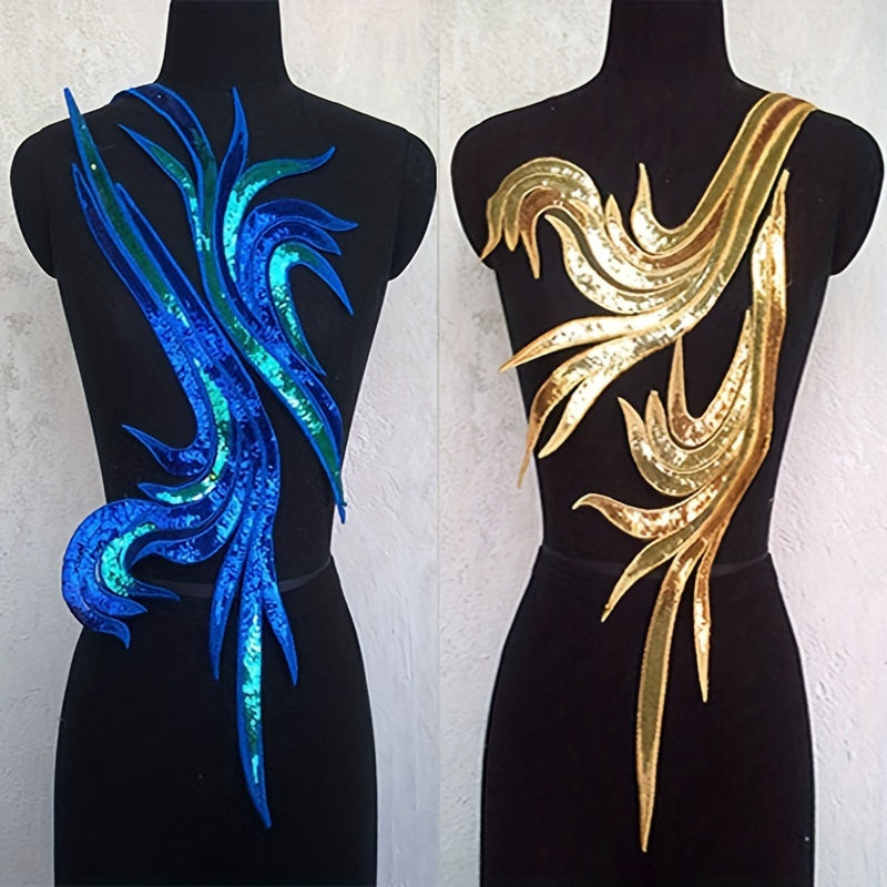 Pair of Golden Embroidered Sequin Flower Decorative Patches - Used for Wedding Dresses, Fashion Clothes and Skirts Decoration Fabrics - DIY Hand Embroidery Design