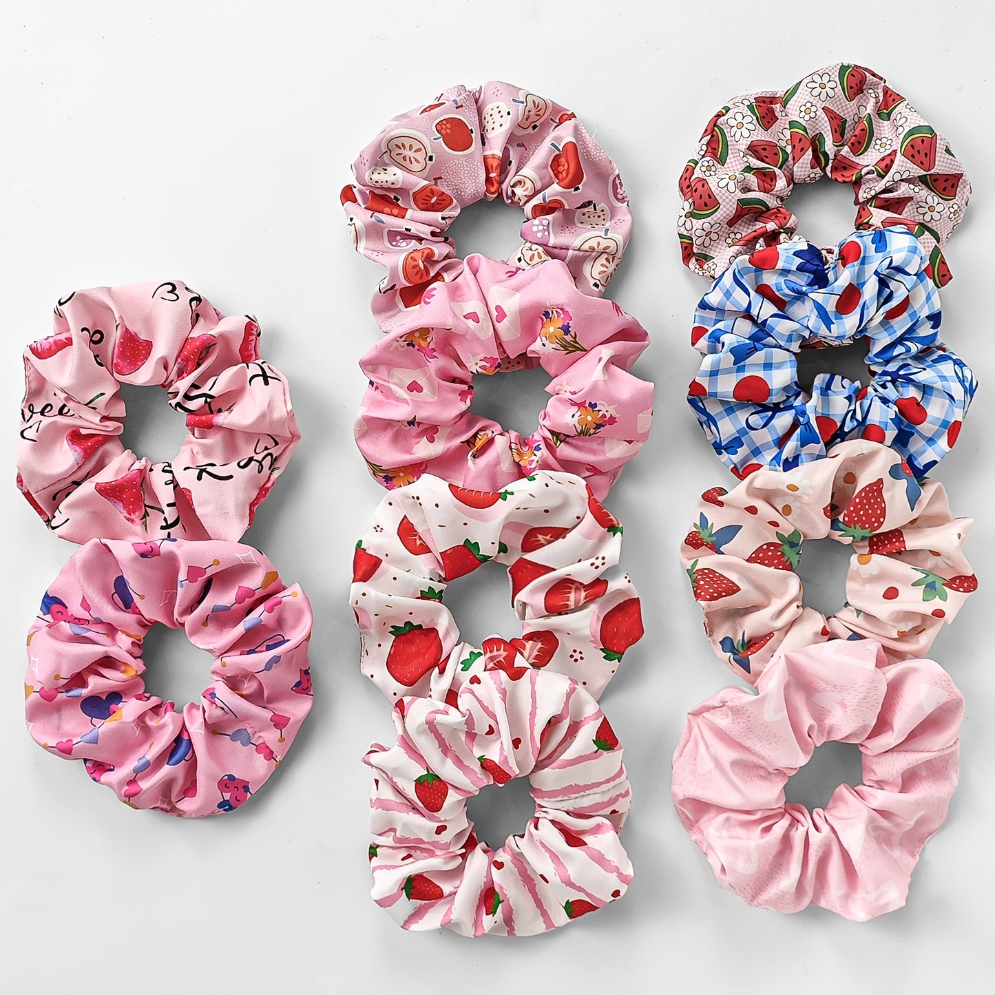10pcs Gift Soft Satin Scrunchies Fruit Heart Flower Summer Elements Hair Tie Set Perfect for Women