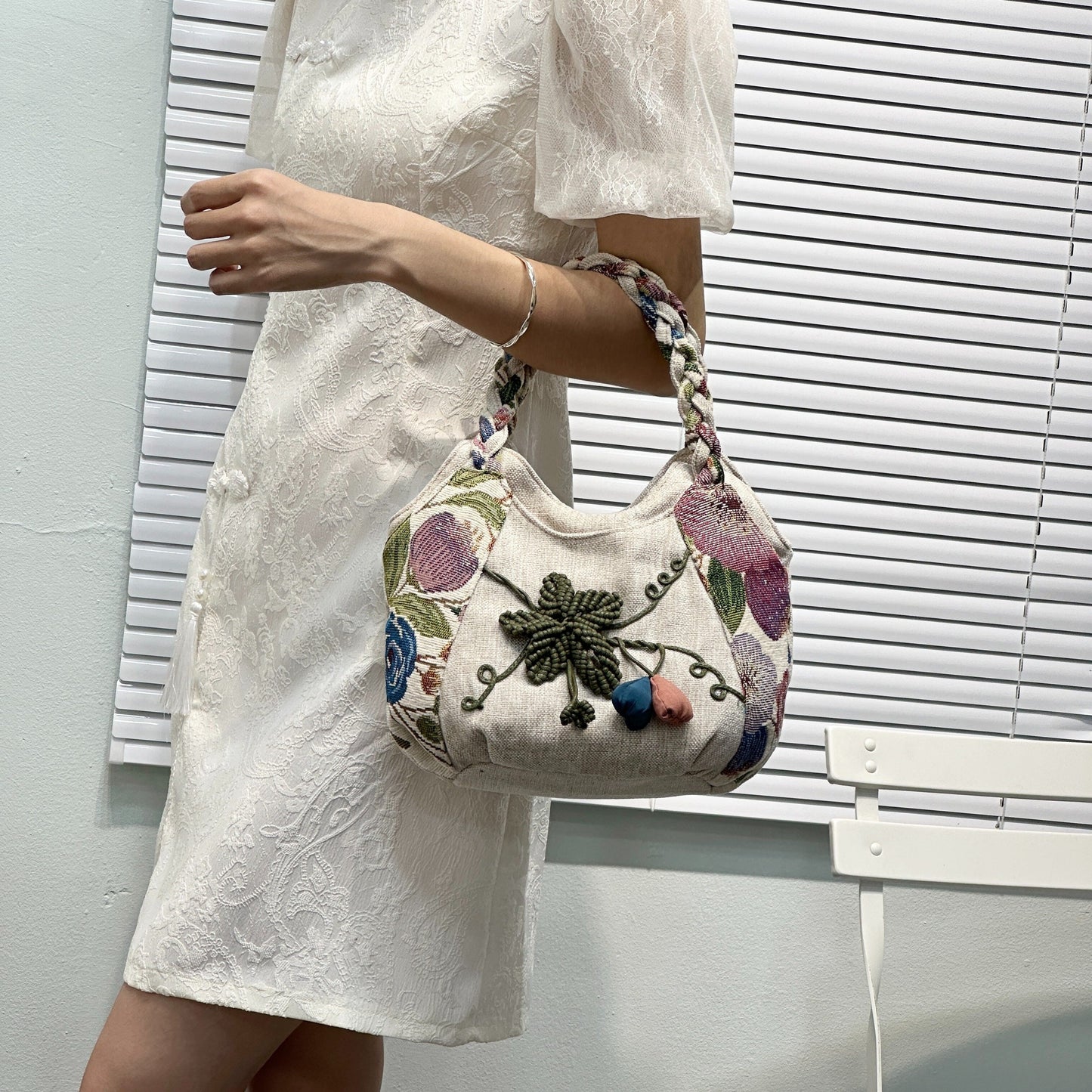 Foldable Zipper Closure Bohemian Style Handmade Flower Tote Bag - Fixed Shoulder Strap, with Wristlet, for Vacation