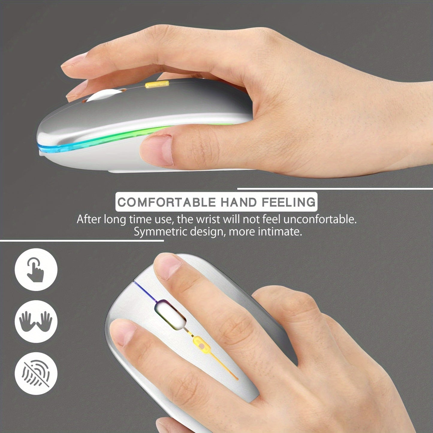 Rechargeable 2.4G Wireless Silent Office Mouse For PC Computer/laptop Windows/ios System With LED Color Light And BT5.2 Wireless Mouse.