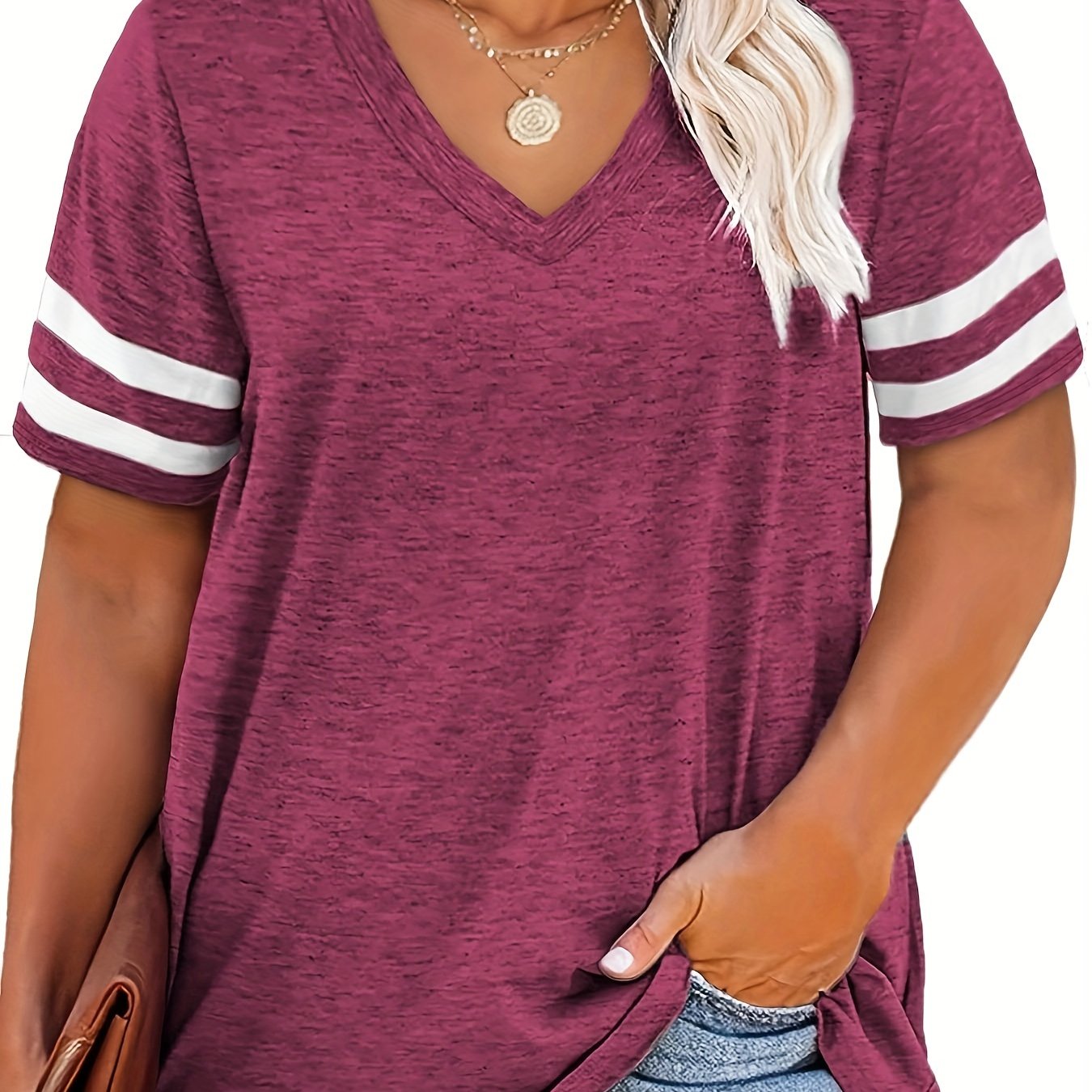 Plus Size Women's V-Neck Short Sleeve T-Shirt - Lightweight Stretchy Summer Tee with Random Print, Loose Casual Fit, Machine Washable, Sizes XL-5XL for Everyday & Office Wear, Versatile Clothing, Striped Print Shirt, Soft Fab