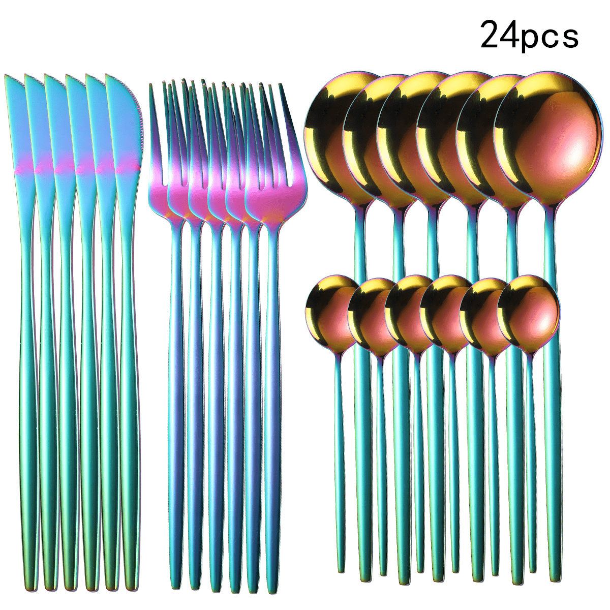 24-Piece Stainless Steel Portuguese Cutlery Set - Golden Western Steak Knife, Fork, and Spoon for Family Restaurant, Dishwasher Safe, Eid Al-Adha Gift - Durable Tabletop Serveware for Food Service Equipment & Supplies