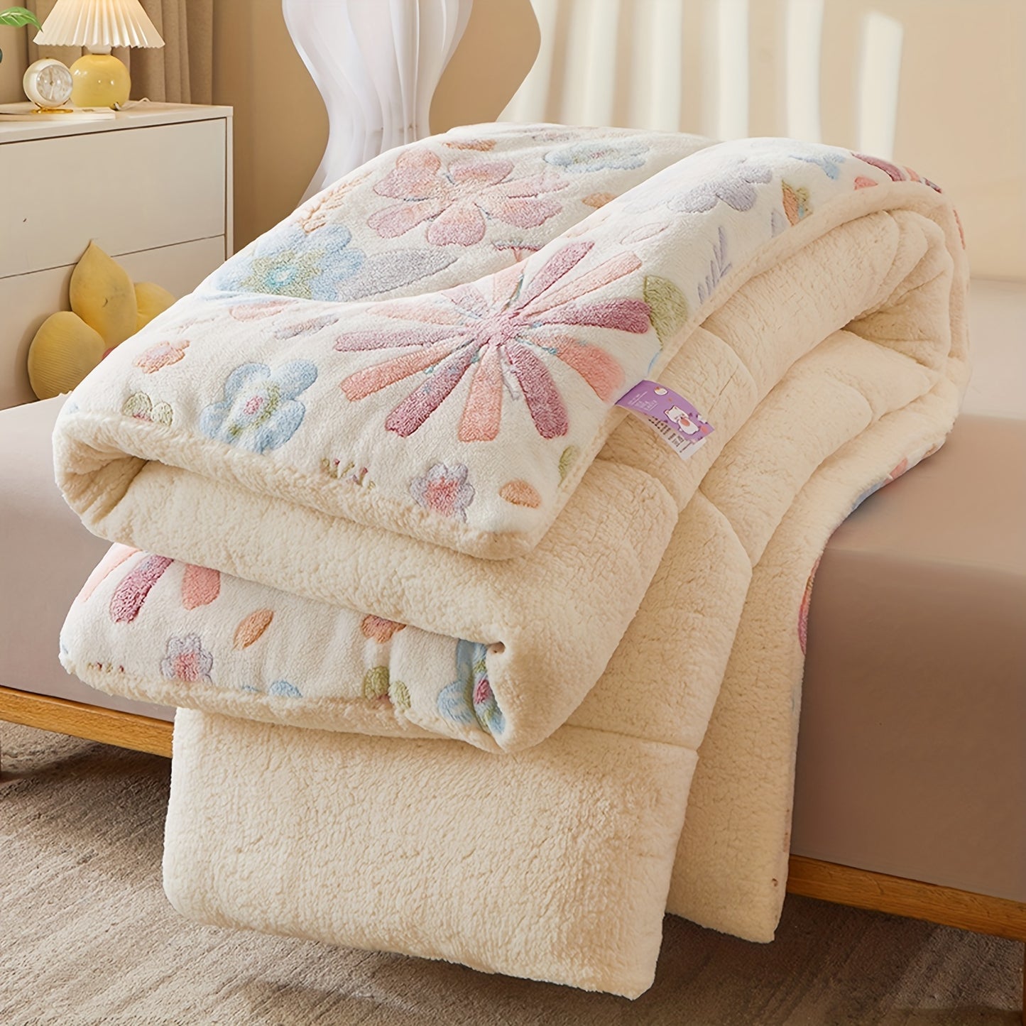1pc Soft Warm Flower Fleece Printed Winter Polyester Comforter, Autumn And Winter Bedding Suitable For Bedroom, Guest Room