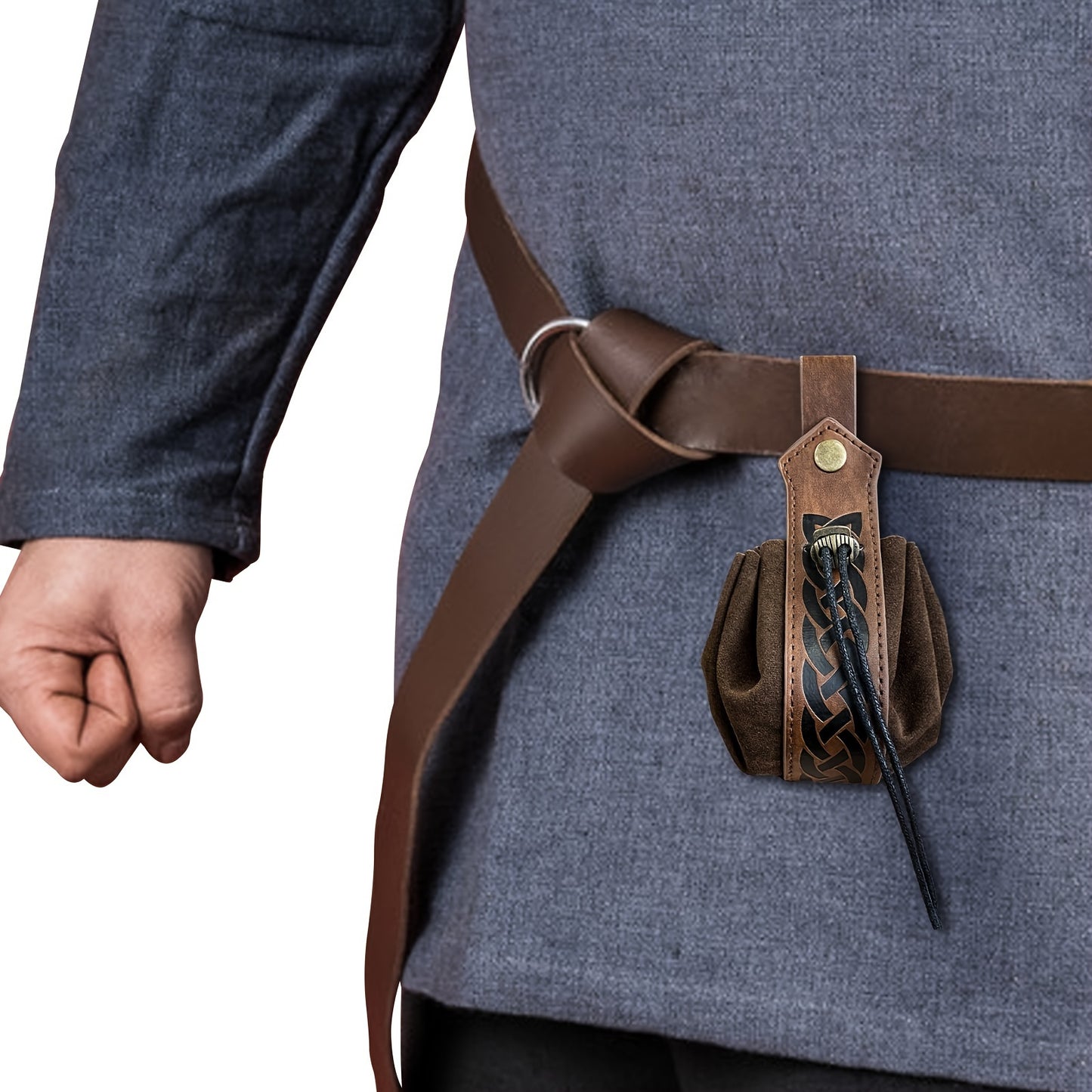 Unisex Retro Faux Leather Belt Pouch - Vintage Drawstring Closure, Faux Suede Lining - Party & Halloween Accessories | Foldable Design | Fixed Shoulder Strap