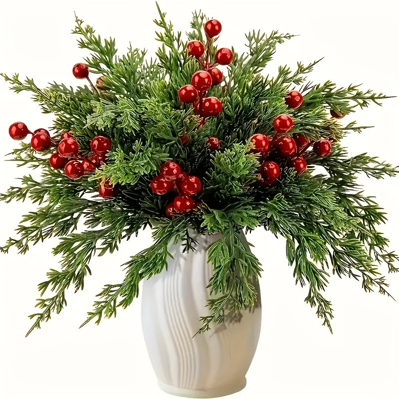 20pcs Realistic Artificial Pine Branches with Red Berries - Green Plastic Christmas Sprigs for DIY Wreaths, Garlands, Table Centerpieces, Winter & Holiday Decor (Vase Not Included) - Fake Pine Needles for Home Decoration, Chr