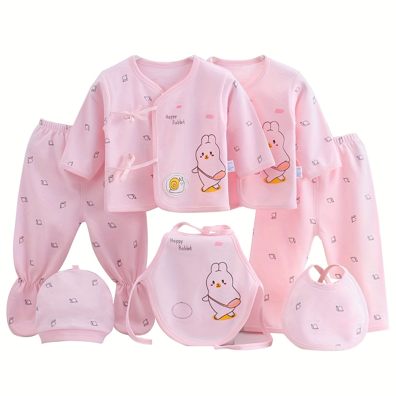 7pcs Newborn Outfits Gifts, Cute Graphic Baby Boys Girls Cotton Comfy Clothes Set - Footed Pants Cardigan Top Trousers Hat Bib Set Outdoor Clothes Outdoor Clothes