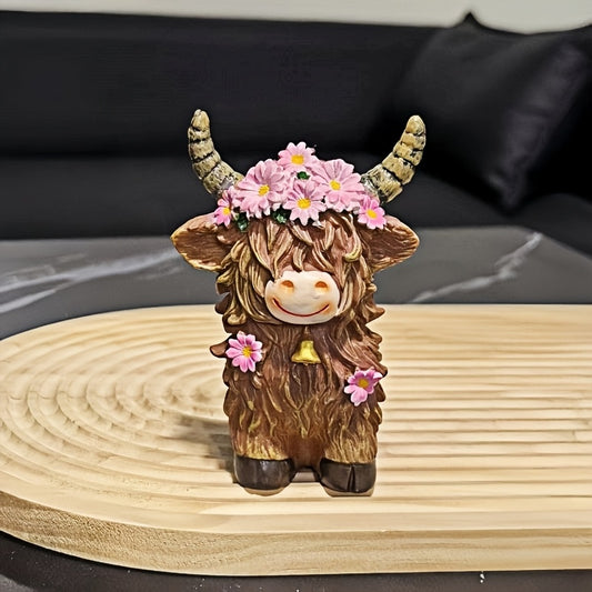 Charming Highland Cow Statue with Floral Crown Rustic Resin Animal Figurine