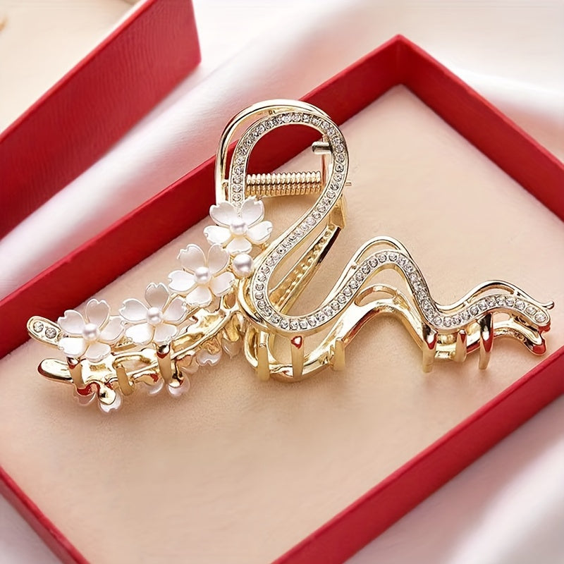 1pc Elegant Rhinestone & Faux Imitation Pearl Lily Flower Hair Clip - Secure Shark Grip for Updos, Medium Size Hair Claw for Weddings, Parties, Prom - Sparkling Floral Hair Accessories for Women, Wedding Hairpiece, Emotional