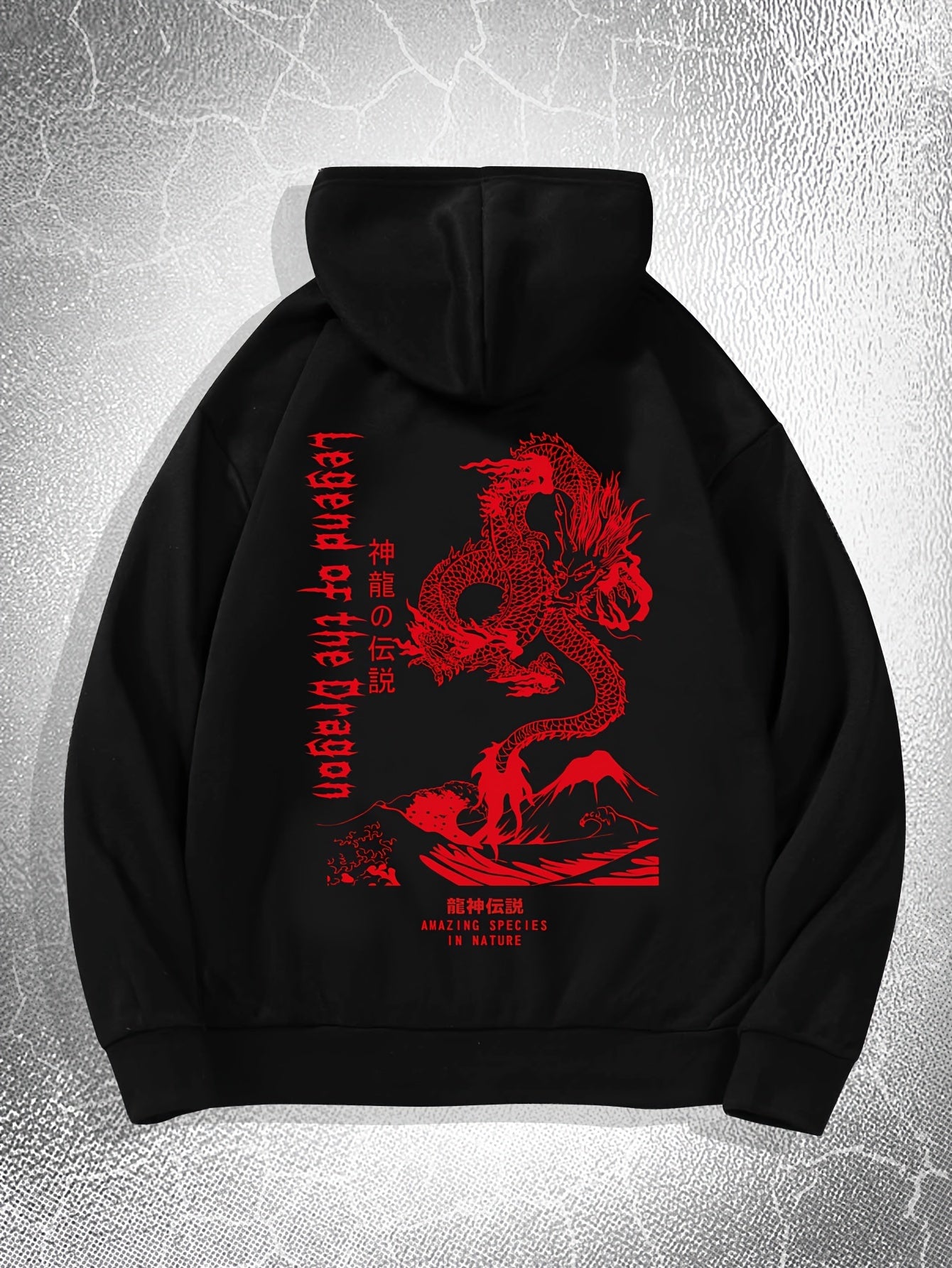 [Dragon Print Hoodie] White Polyester Dragon Print Hoodie - Casual & Trendy, Long Sleeves, Drawstring Hood - Streetwear Style