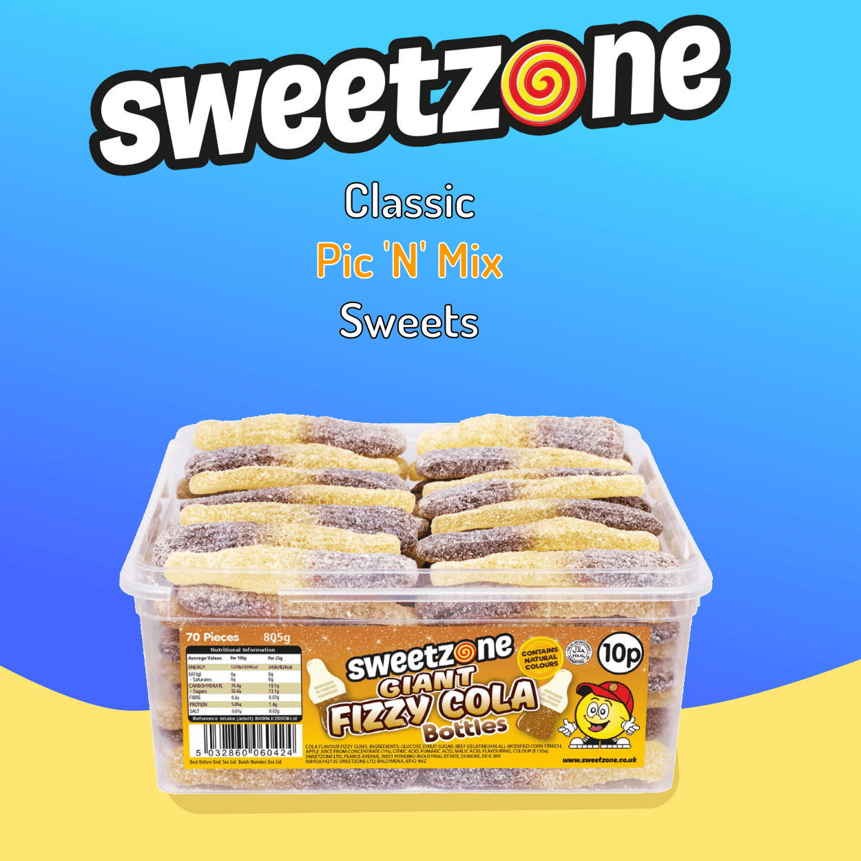Sweetzone Fizzy Giant Cola Bottles - 805G Tub - 70pcs - Pic N Mix Style Sweets