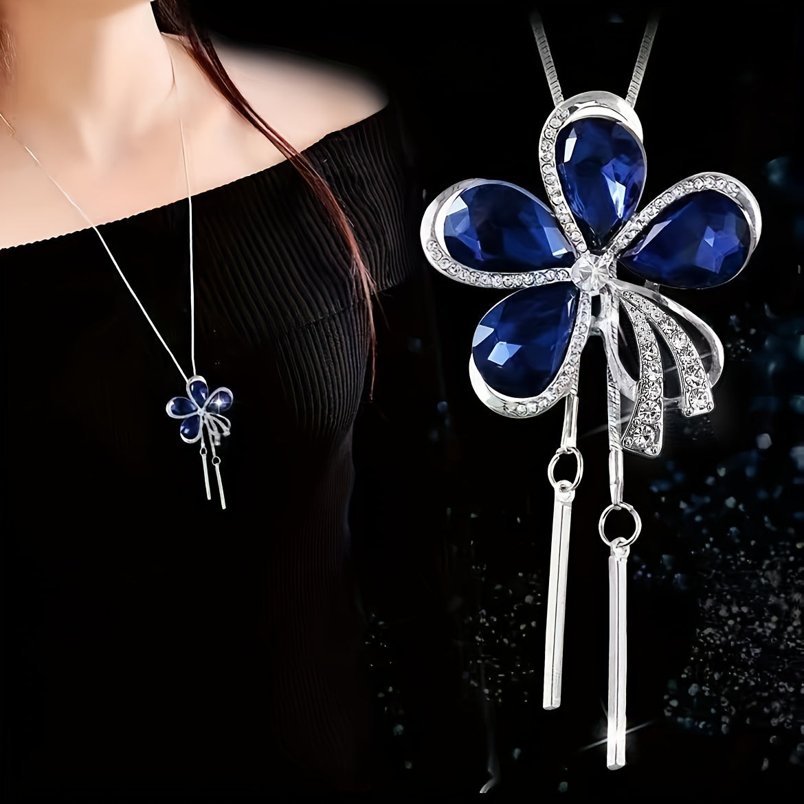 Personality Sparking Artificial Blue Crystal Flower Clothing Pendant Sweater Chain Women's Long Necklace