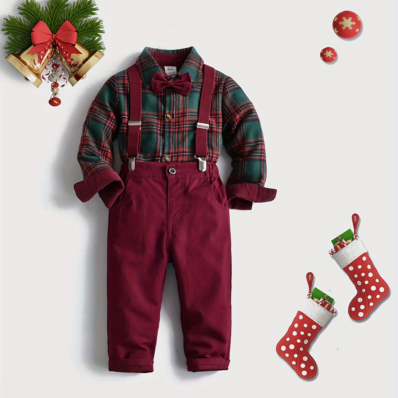 Boy's Fashion 2pcs Co Ord Set, Comfy Long Sleeve Lapel Collar Button Shirt With Plaid Pattern & Suspender Trousers, Christmas Festive Style Suit, Ideal For Christmas Party, Autumn/Winter Daily & Outdoor Wear