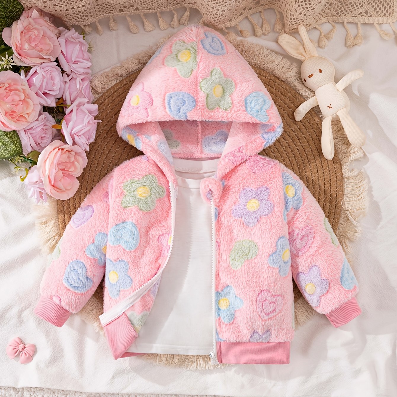 Baby Girls Floral Hooded Jacket - 100% Polyester Long Sleeve Coat with Zipper, Soft Plush Knit Fabric, Regular Fit for Outdoor Play in Fall/Winter, Skiing Compatible, Thick