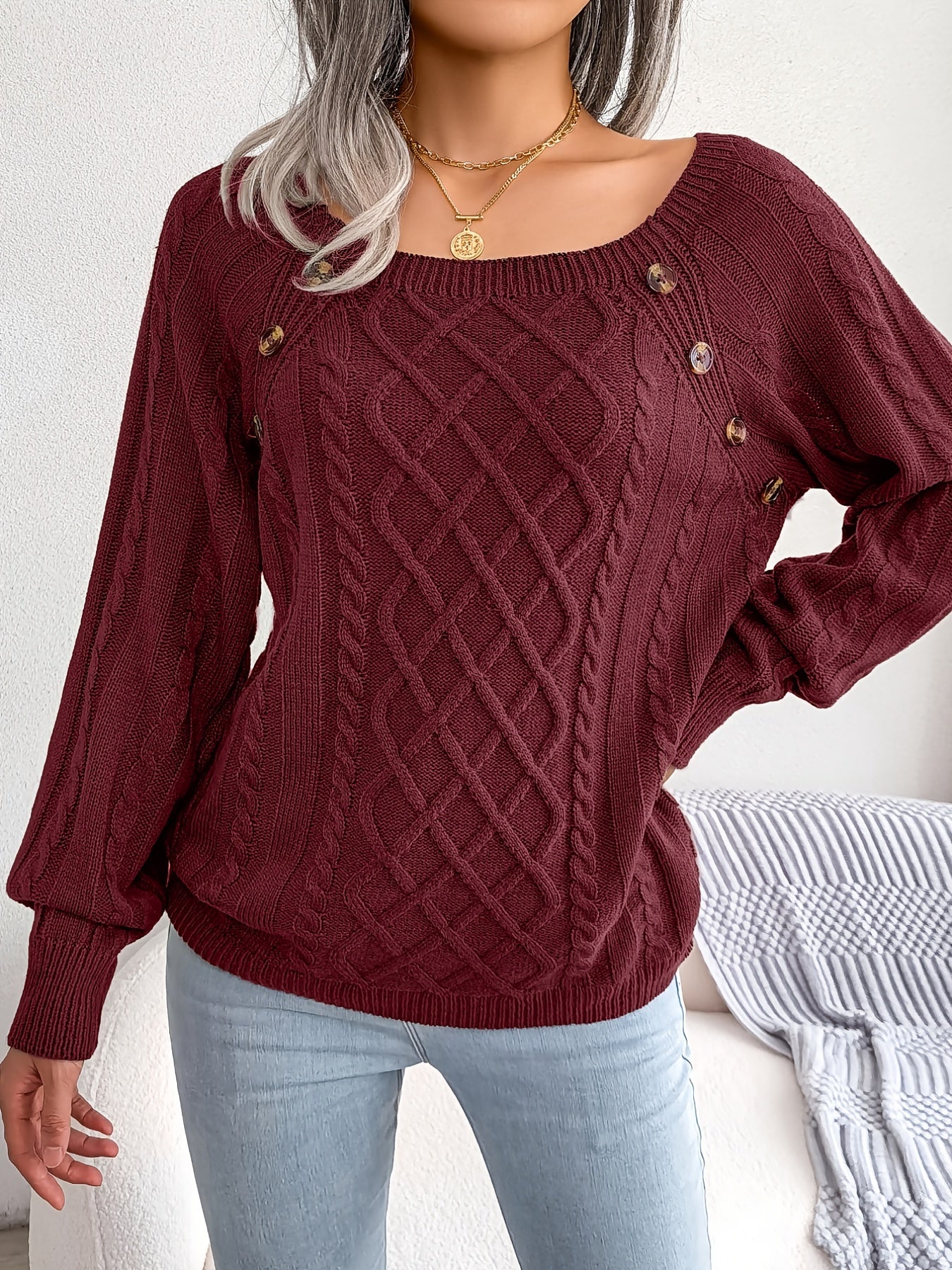 Autumn/Winter European and American Casual Solid Color Square Neck Button Twist Long Sleeve Pullover Sweater