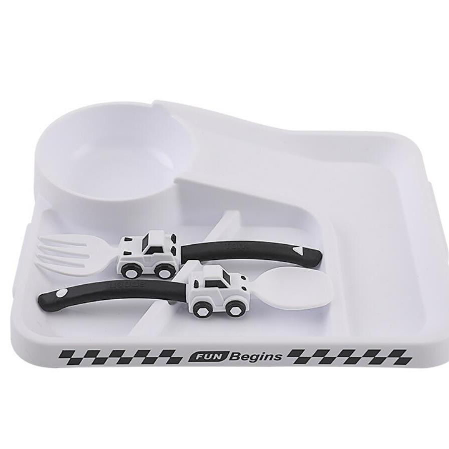 Children's Tableware Cartoon Racing Dinner Plate + Fork Spoon Independent Eating Divided Complementary Food Bowl Baby Suction Cup Non-slip Dinner Plate