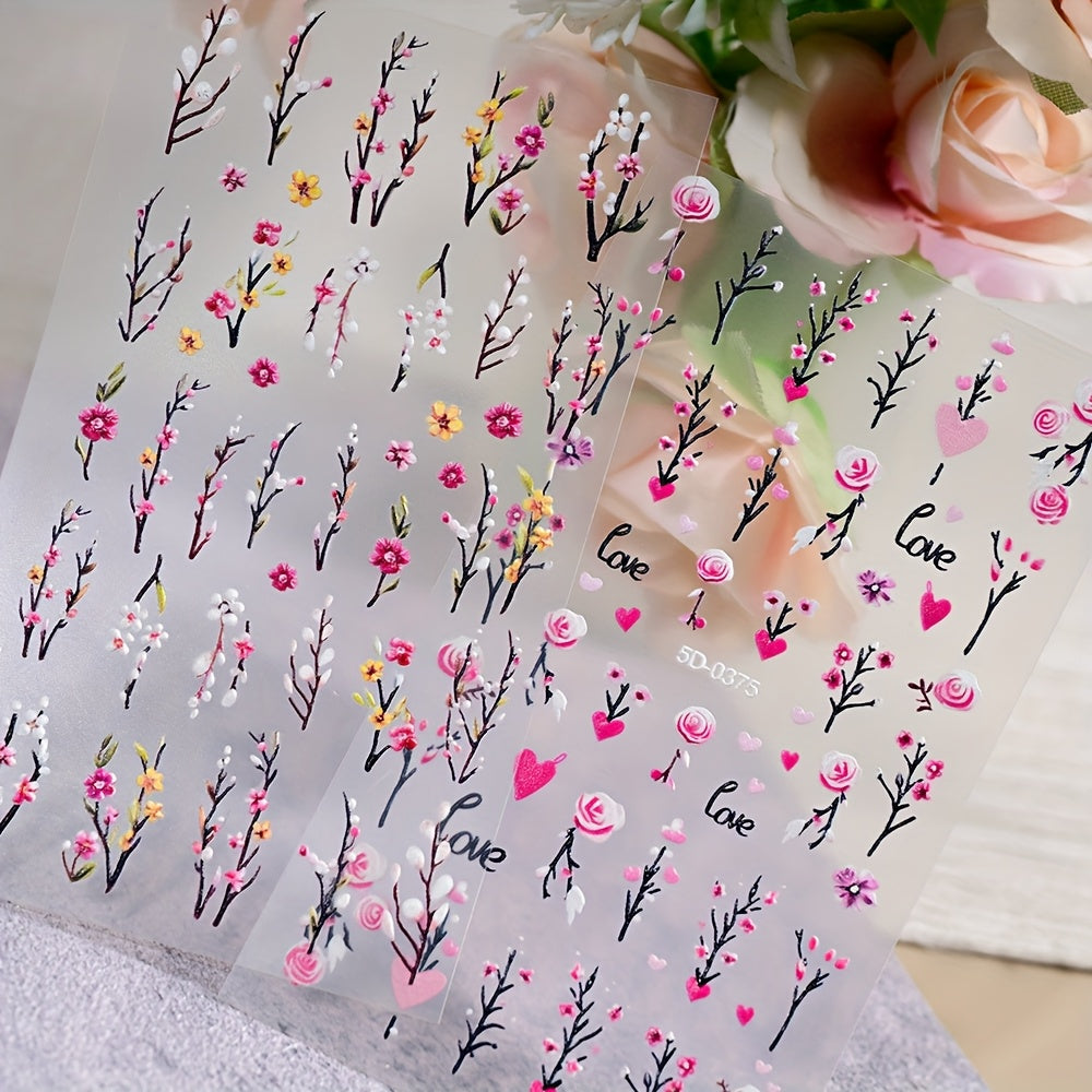 3pcs/set Nail Art Stickers, 5D Embossed Flower Love Pattern Daisy Self-adhesive Nail Stickers, DIY Nail Art Decorations,Durable Nail Decals for Hands & Feet,Nail Art Supplies for Women and