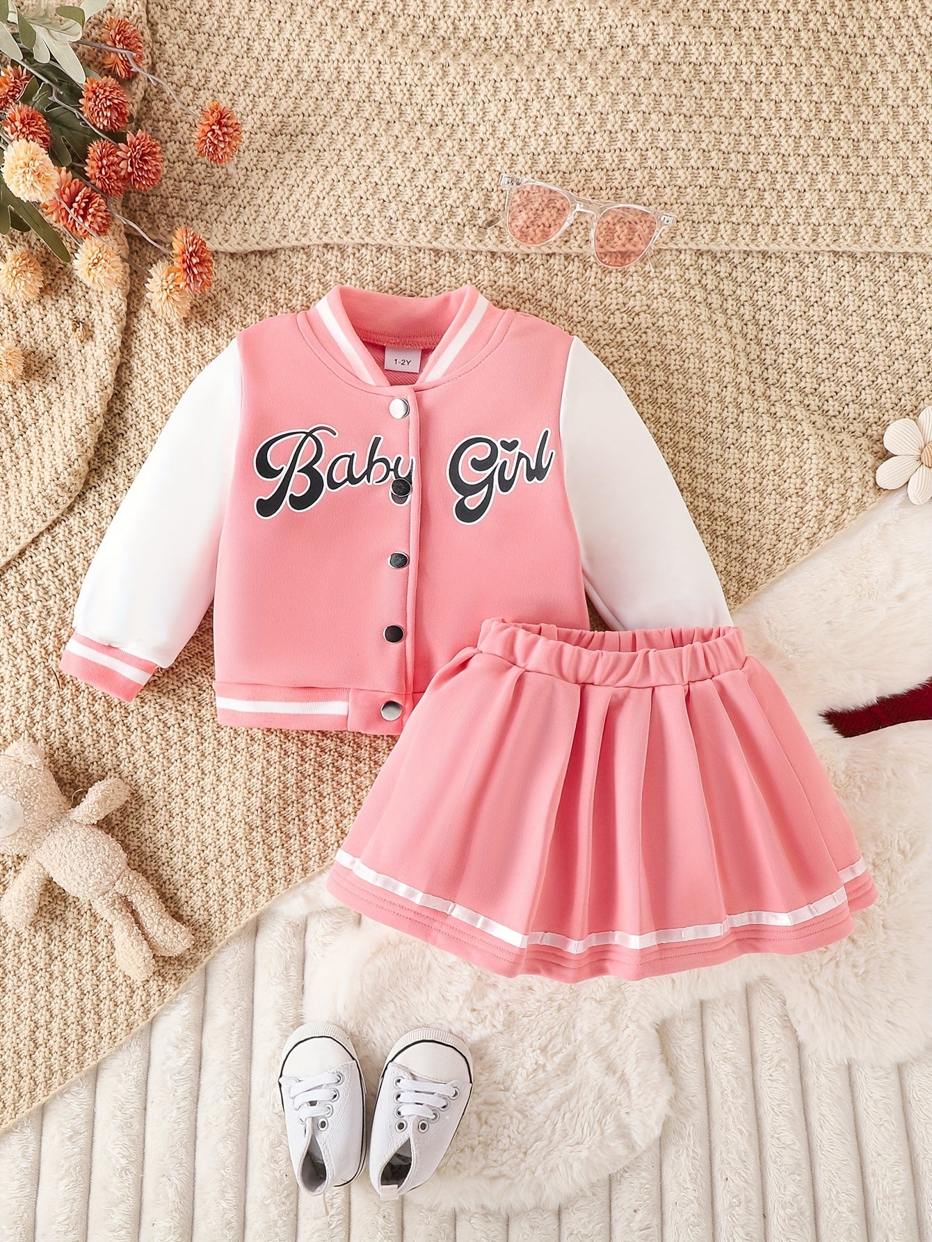 Preppy Style Girls 2pcs BABY GIRL Print Baseball Jacket + Pleated Skirt Outdoor Set For Party Sports Gift