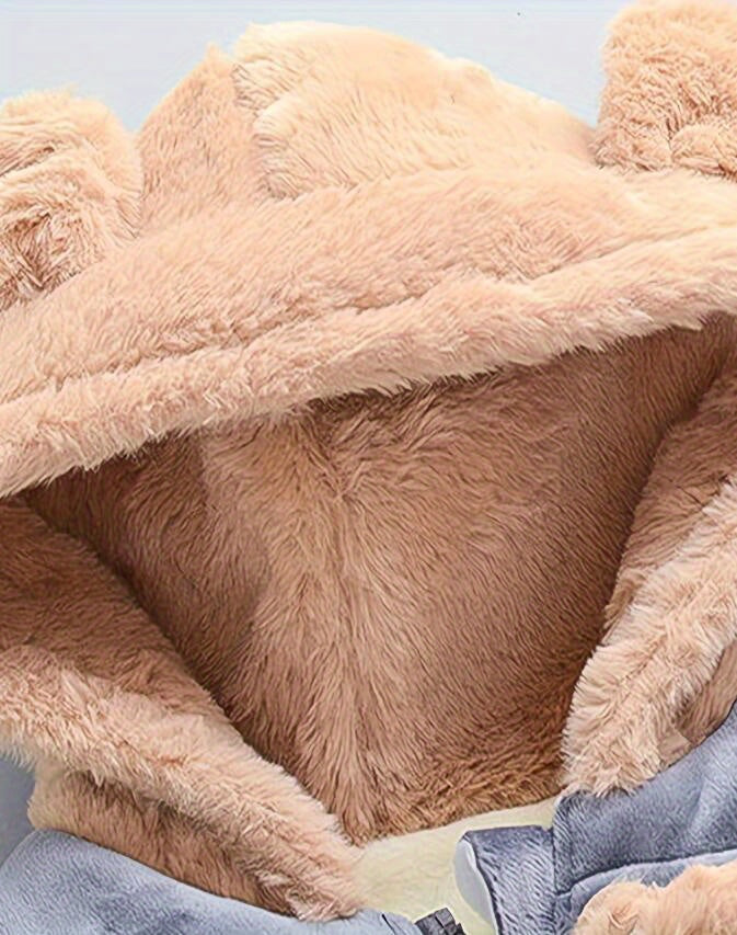 Random Color Ball Boys' Hairy Face Bear Long Sleeve Set, Baby Boy Autumn Winter -Lined Warm Long Sleeve Set, Fashion Casual Three-Piece Set, Perfect for Outdoor