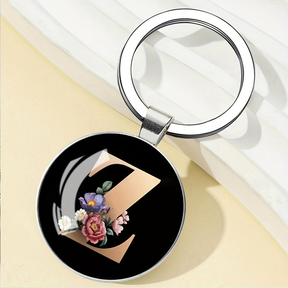 1pc Elegant Floral Alphabet Glass Keychain, Round Character-Themed Alloy Keyring, Romantic Collegiate Style Accessory, Ideal for Birthday, Anniversary, Graduation, Bridal Shower Gifts, and Festive Occasions - Christmas, Hallo