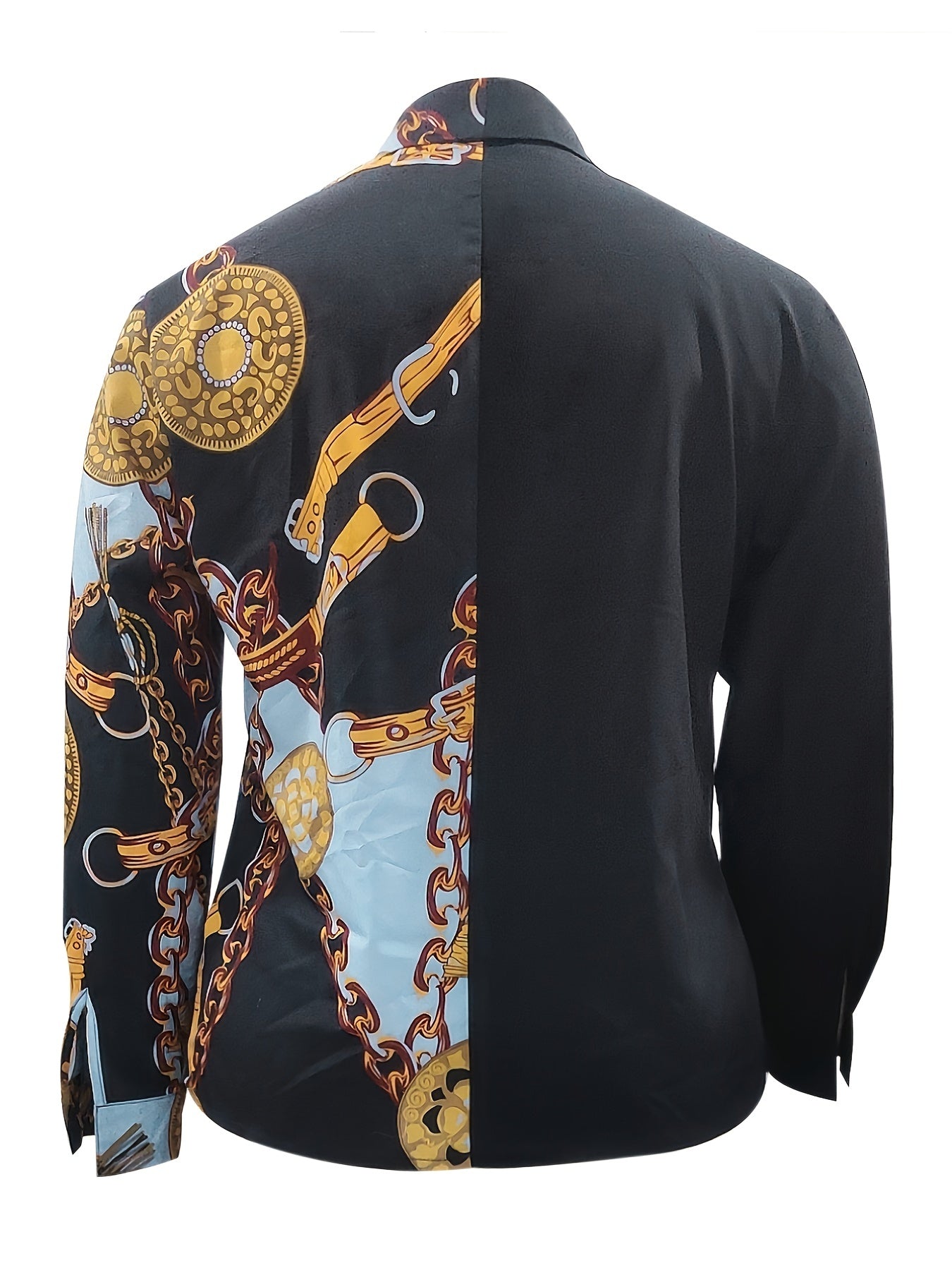 Plus Size Elegant Blouse, Women's Plus Colorblock Chain Print Long Sleeve Button Up Shirt
