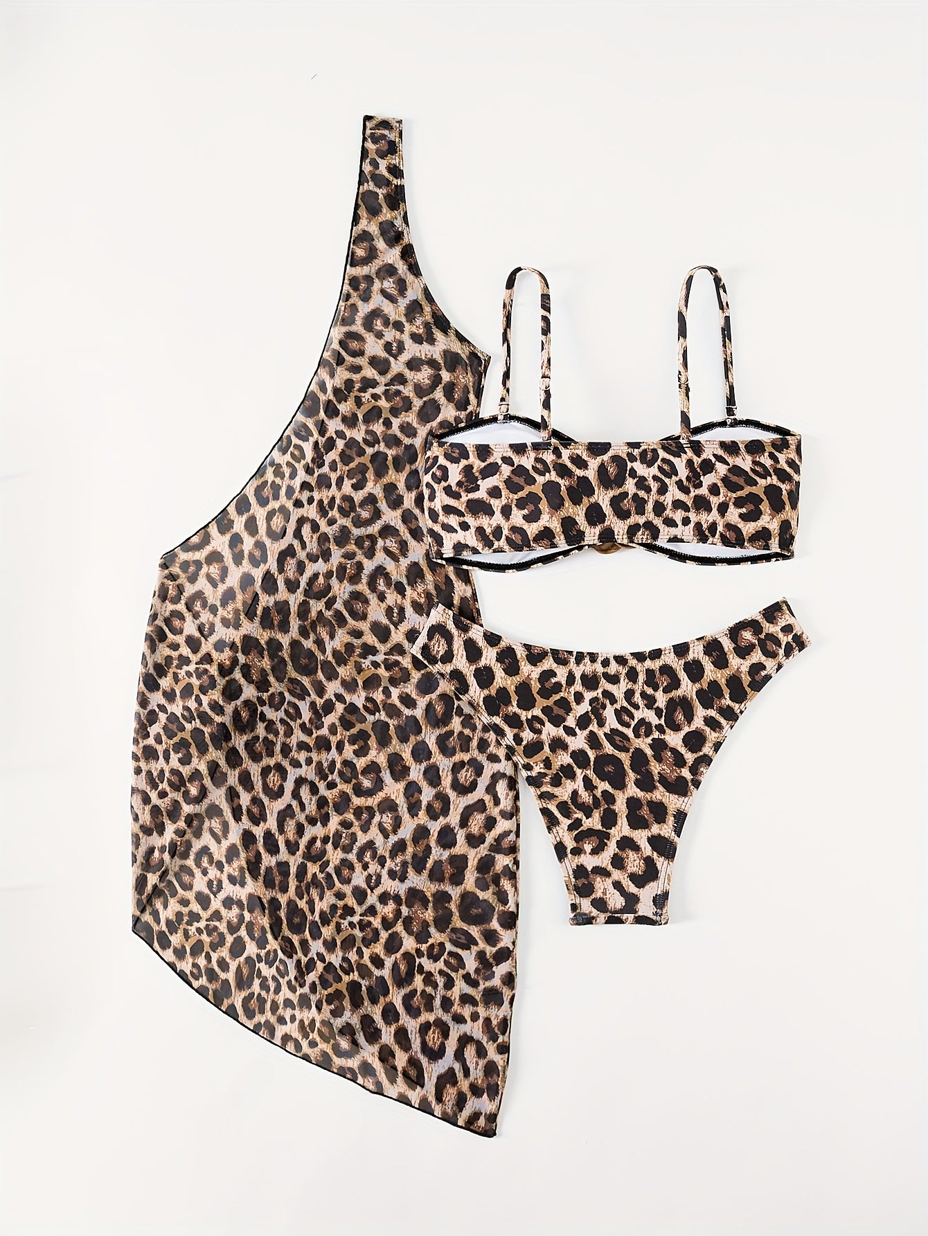 Women'S Bikini Set Three-Piece Summer New Cheetah Random Printing Full Print Leopard Print Sexy Strapless 3D Flower Mesh Beach Skirt Old Money Style Vacation Style Brown Women'S Beach Clothin