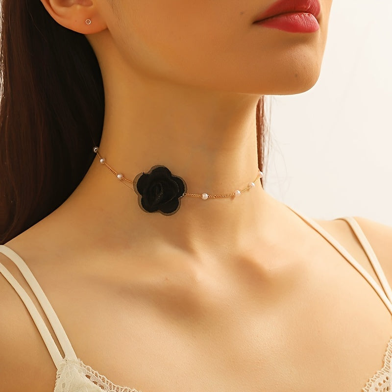 1pc Elegant Coquette Style 18K Golden Plated Faux Pearl Choker Necklace with Acrylic Fiber Flower, Versatile for Daily Wear, Parties, Weddings, and Special Occasions