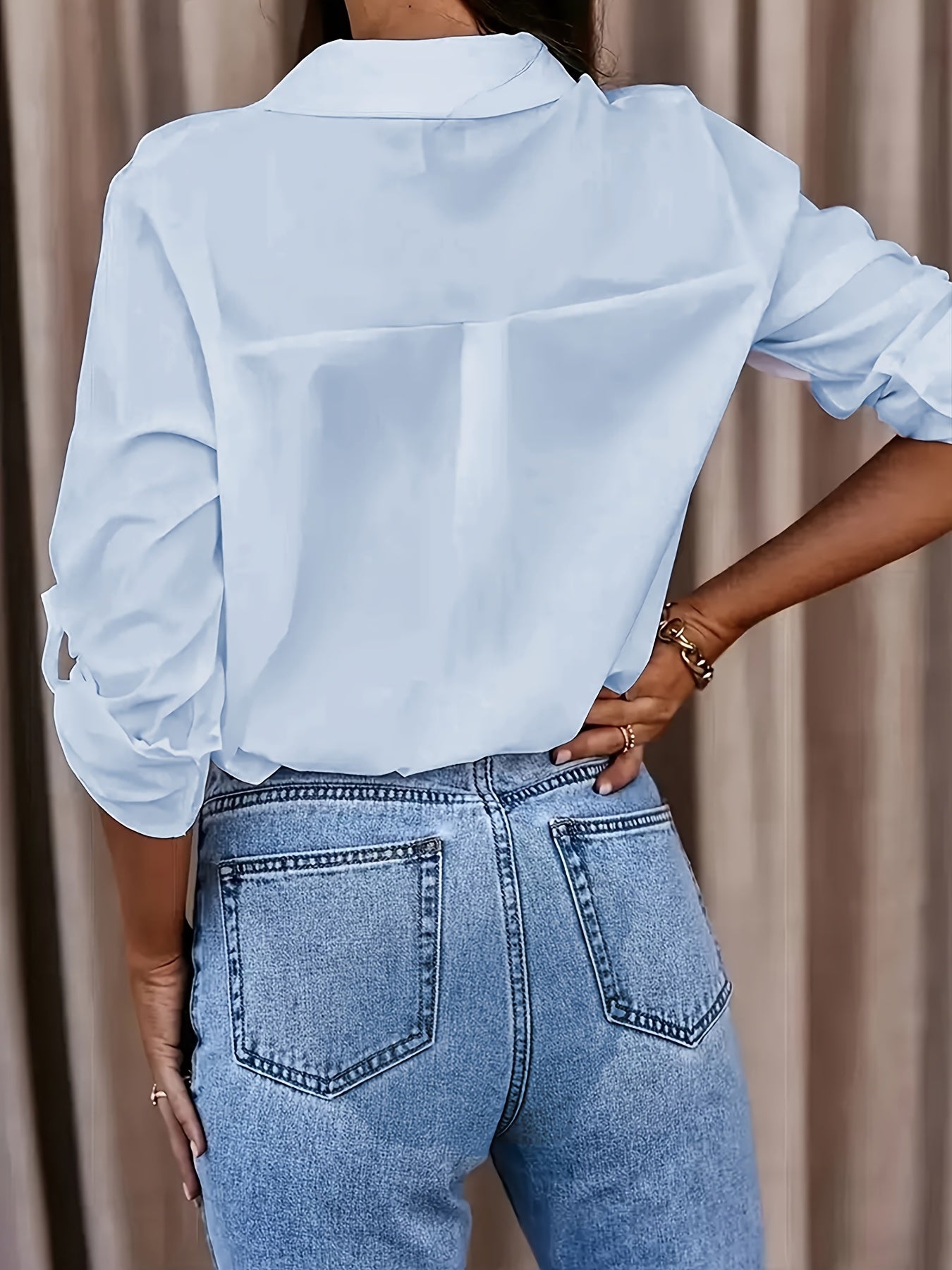 Solid Button Front Shirt, Casual Turn Down Collar Office Work Shirt, Women's Clothing