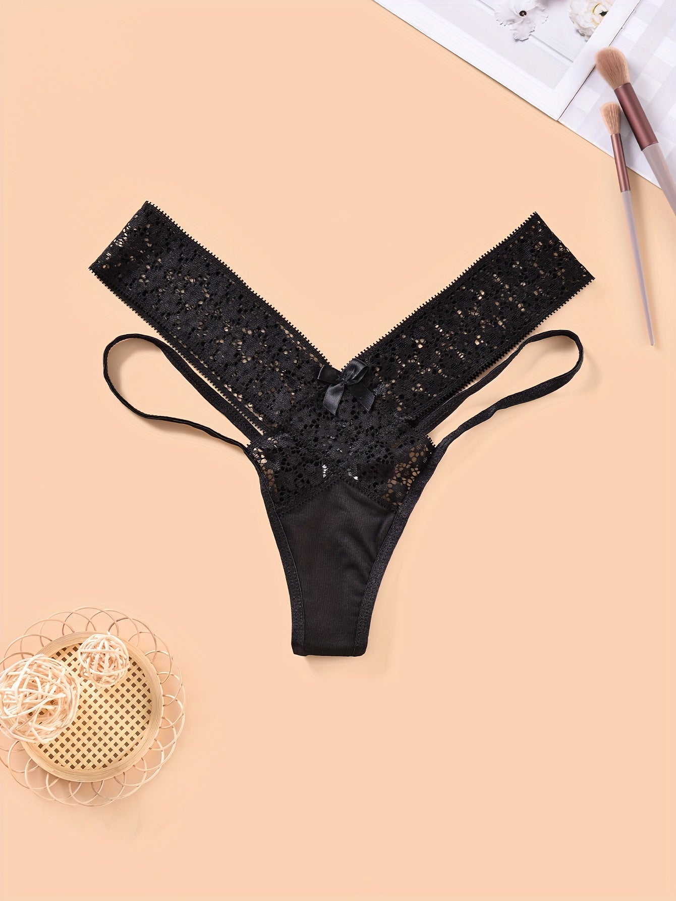 Strappy Lace Thong Panties, Floral Print Semi-Sheer High Waist Criss Cross Panties, Women's Lingerie & Underwear