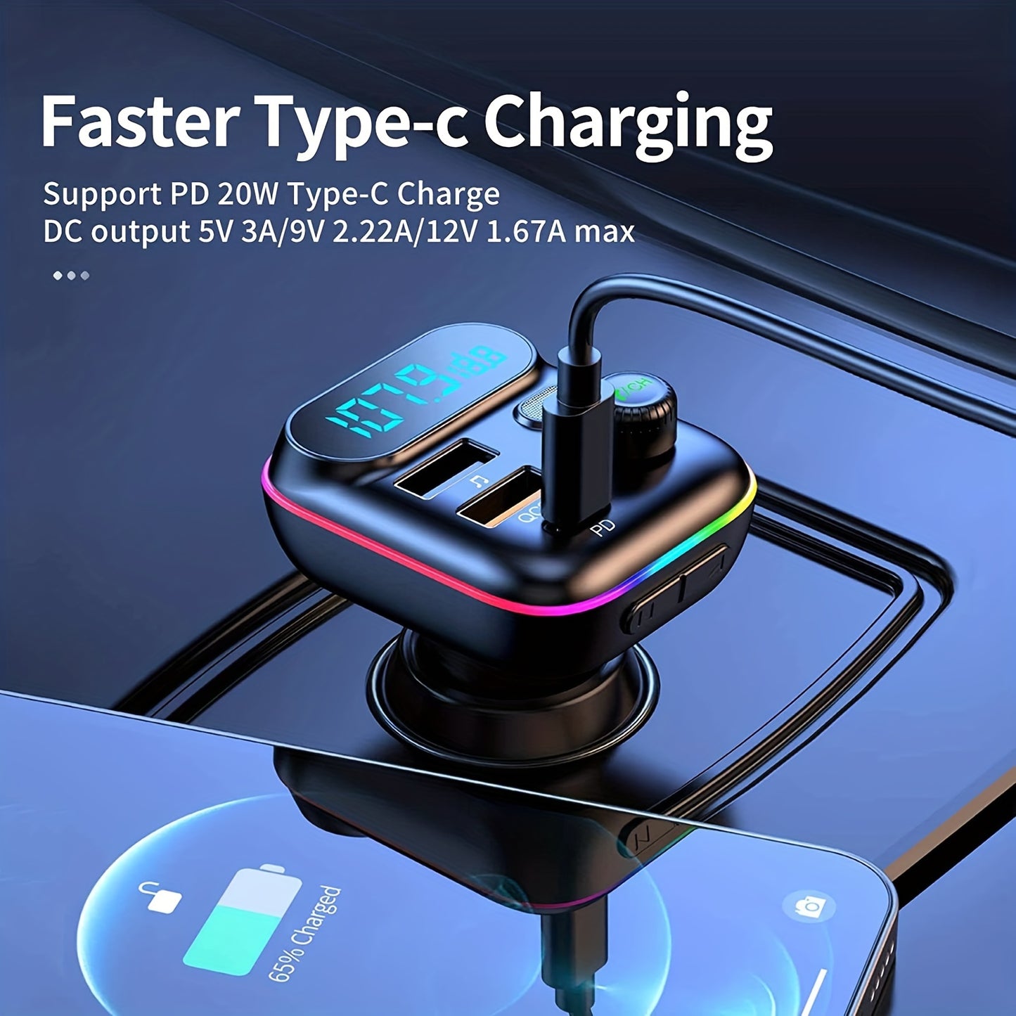 Adapter For Car, Wireless FM Radio Transmitter, Wireless 5.0, MP3 Music Player, QC3.0 + PD 20W USB Car Charger, 7 Colors LED