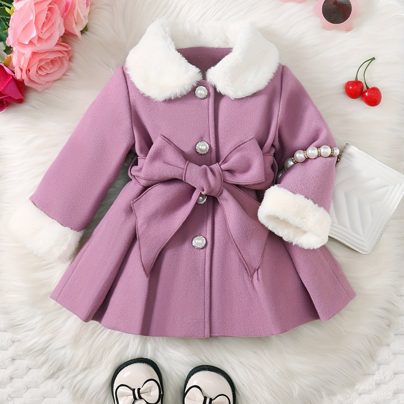 Fashionable And Versatile Coat for Baby Girls in Autumn And Winter, a Perfect Mother'S Day Gift. Adorable Plush Coat with a Bow And Collar, Designed for a Sweet Princess Look. Soft And Comfortable Outerwear to Keep Baby Warm