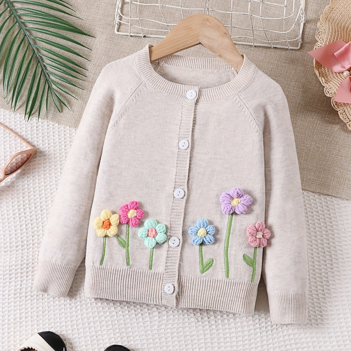 Girls' Beige Cardigan Sweater with Collar & Flower Patches - Sweet Smock Dress Style Jacket, Soft Button-Front Closure for, Parties, - Cozy Fall Winter Outerwear (Pink/Yellow/Blue/Purple) - No-Sew Applique Design