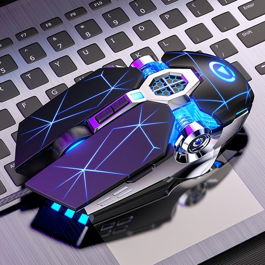 Silvery Carved Wired Mouse for E-Sports Gaming, Silent and Sound Chicken-Eating Mouse Macro for Desktops and Laptops