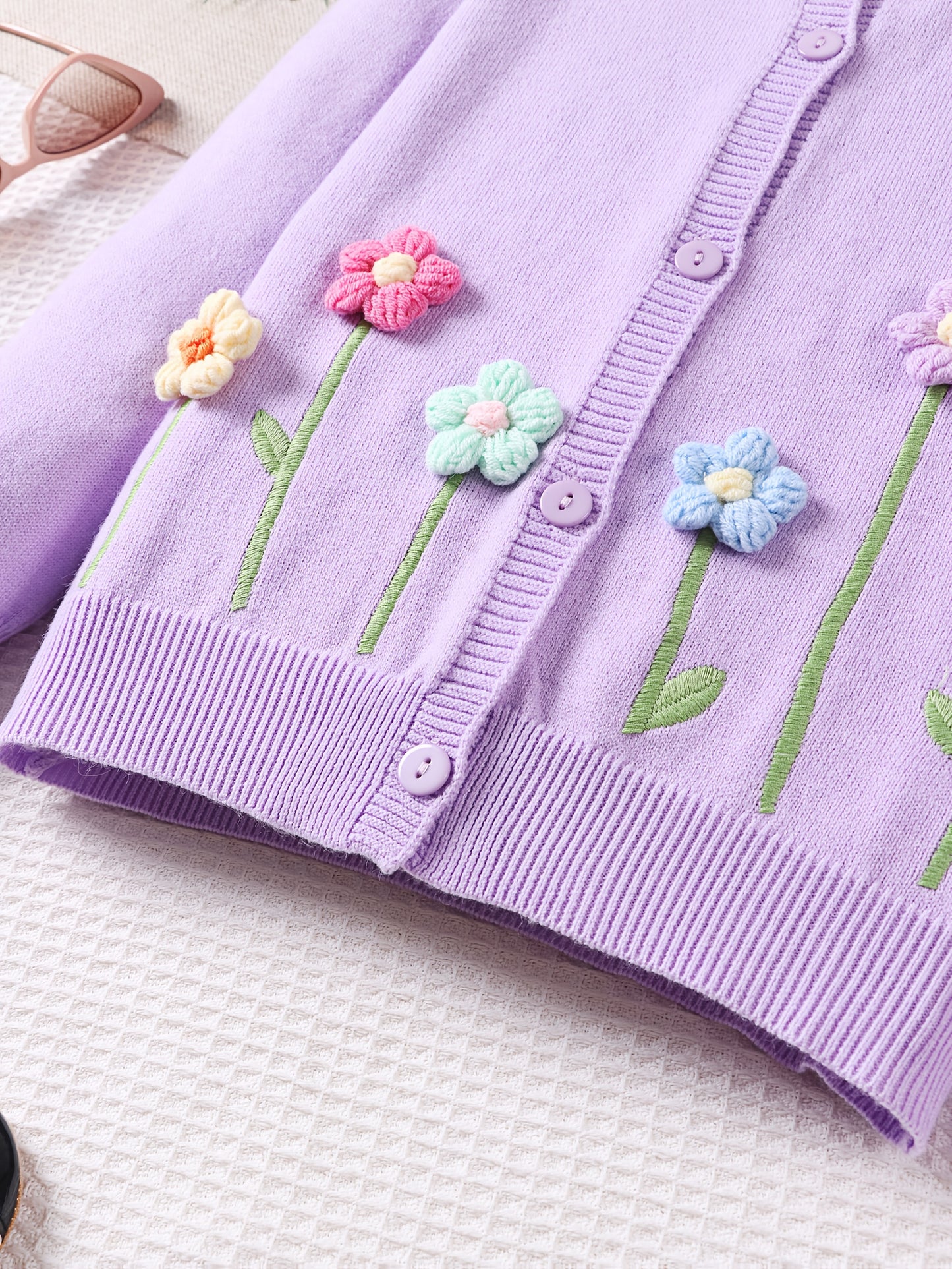 Girls' Beige Cardigan Sweater with Collar & Flower Patches - Sweet Smock Dress Style Jacket, Soft Button-Front Closure for, Parties, - Cozy Fall Winter Outerwear (Pink/Yellow/Blue/Purple) - No-Sew Applique Design