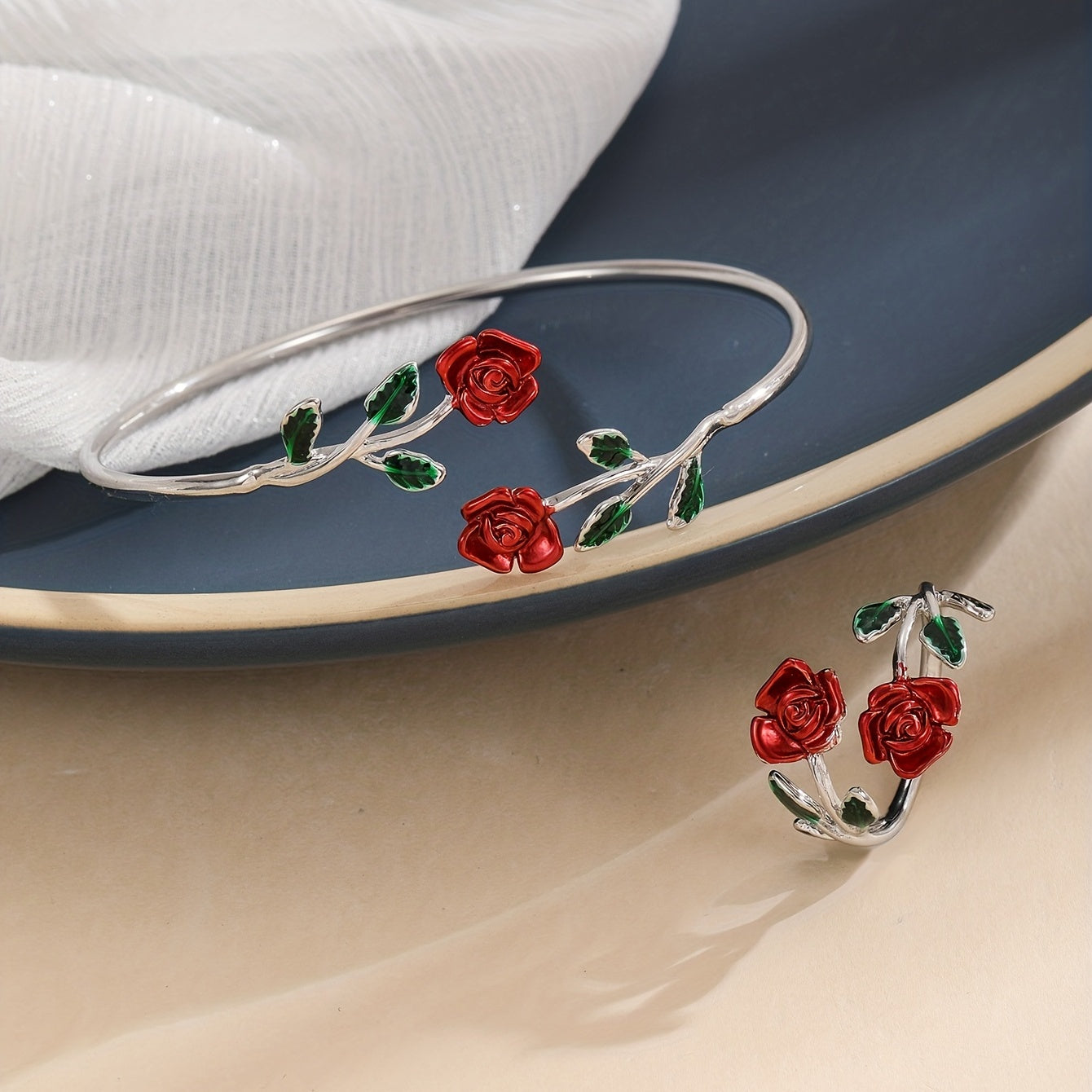 Elegant Rose Flower Design Bangle Ring Set Women's Floral Design Jewelry Gift Accessories