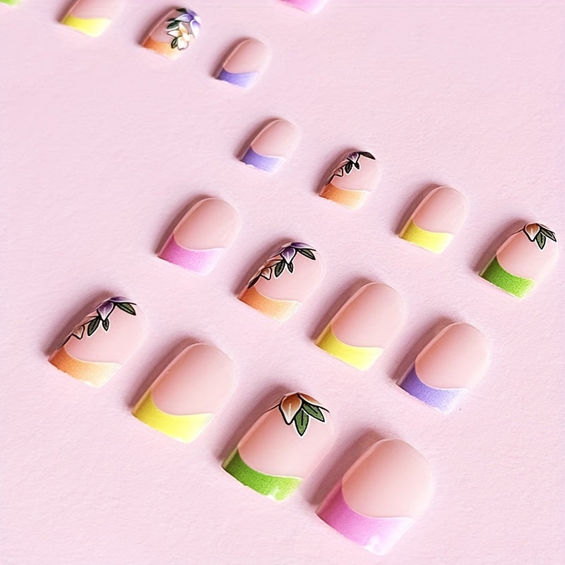 [Popular Choice] 24pcs Short French Colorful Flower Press-On Nails, Full Cover Artificial False Nail Tips with Glossy Finish, Manicure Essentials|Gradient Nail Tips|Glossy Finish Nails, Flash Gradient, Fake Nail, Manicure Ess