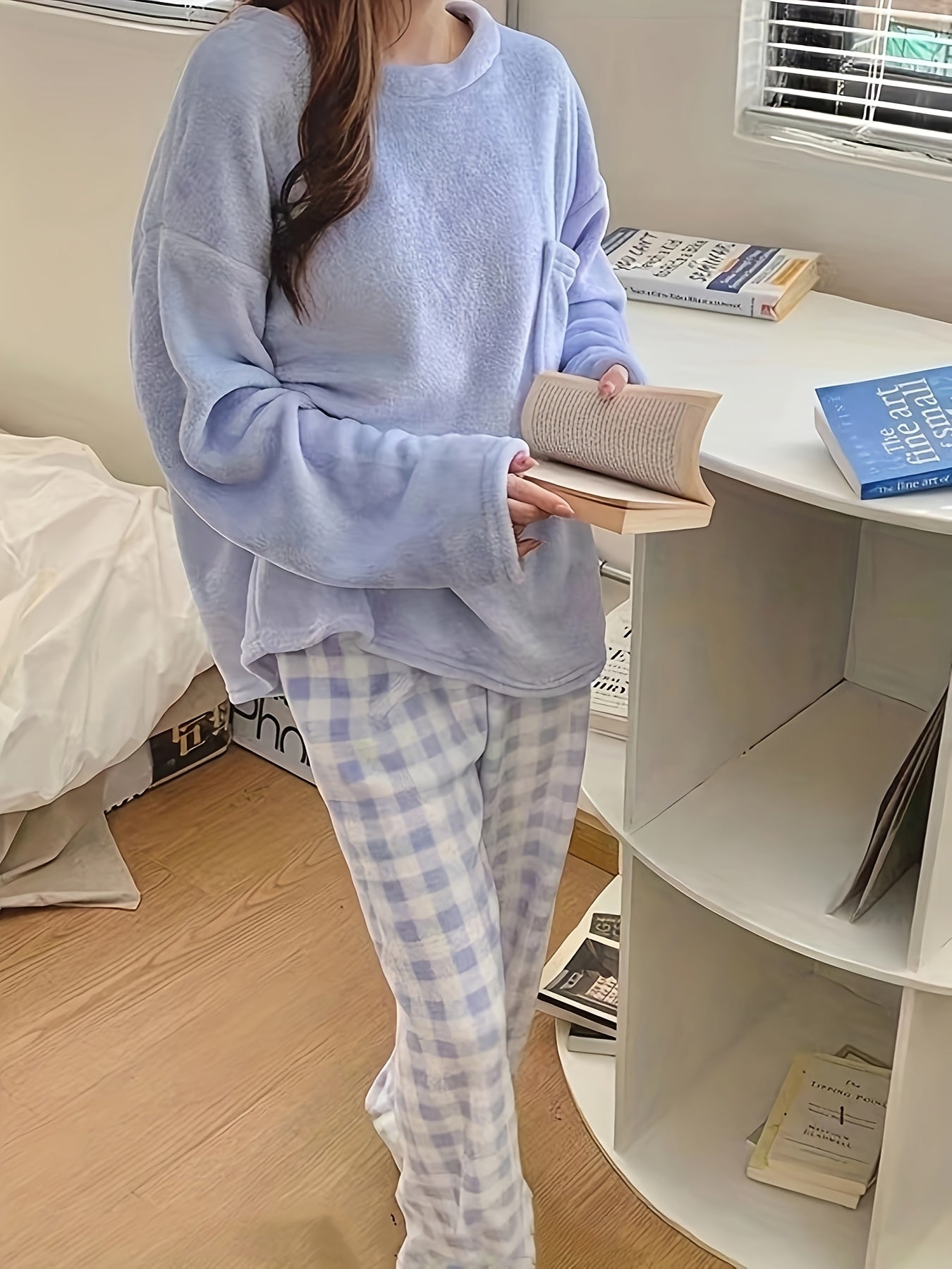 [Velvet Pajama] Winter Warm Velvet Pajama Set | Plaid Pattern Pajama, Solid Color Casual Home Wear Set