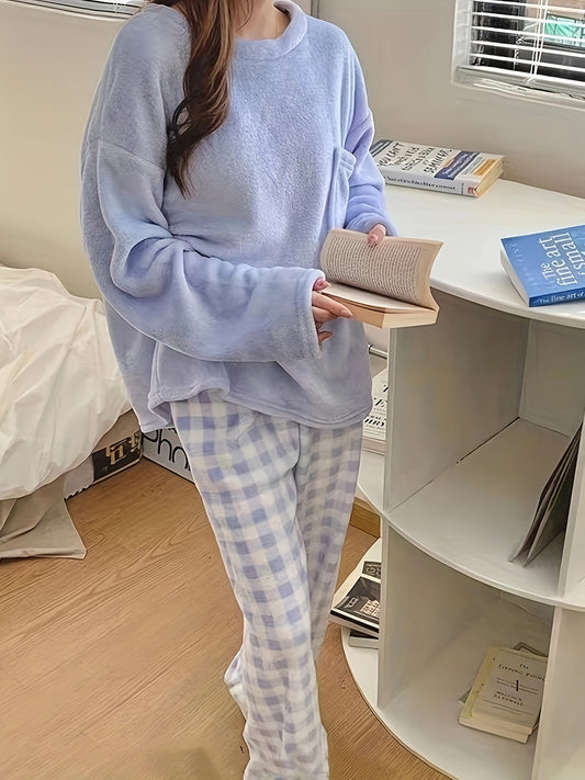 [Velvet Pajama] Winter Warm Velvet Pajama Set | Plaid Pattern Pajama, Solid Color Casual Home Wear Set