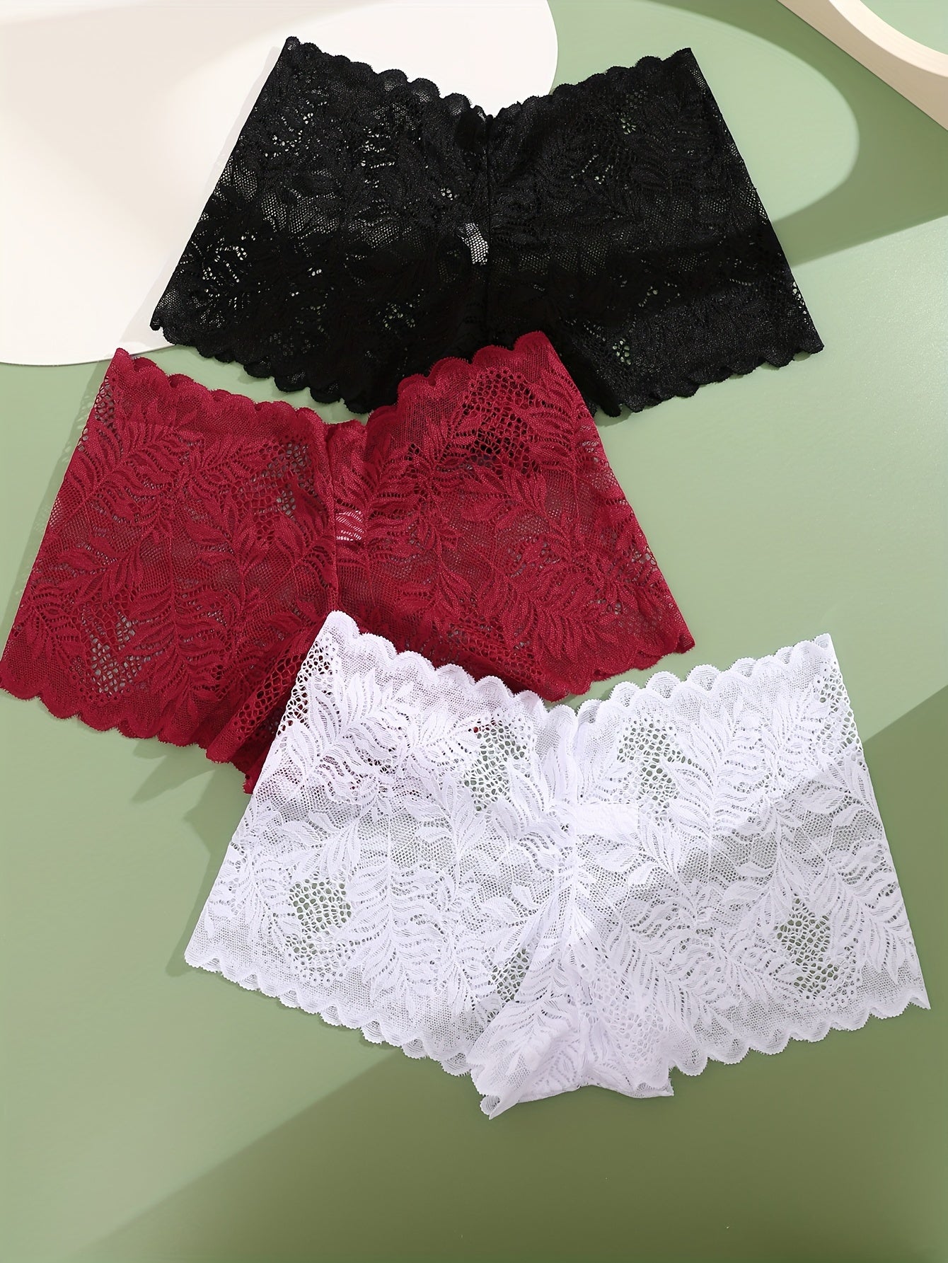 3pcs FINETOO Women's Sexy Low-Rise Lace Boyshort Panties - Breathable, Stretchy Nylon Blend with Floral Pattern, Scalloped Trim in Black, White, & Pinkish-Beige