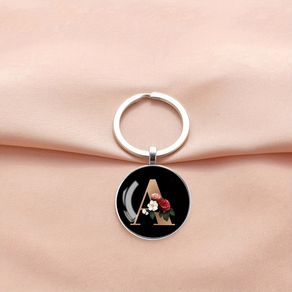 1pc Elegant Floral Alphabet Glass Keychain, Round Character-Themed Alloy Keyring, Romantic Collegiate Style Accessory, Ideal for Birthday, Anniversary, Graduation, Bridal Shower Gifts, and Festive Occasions - Christmas, Hallo