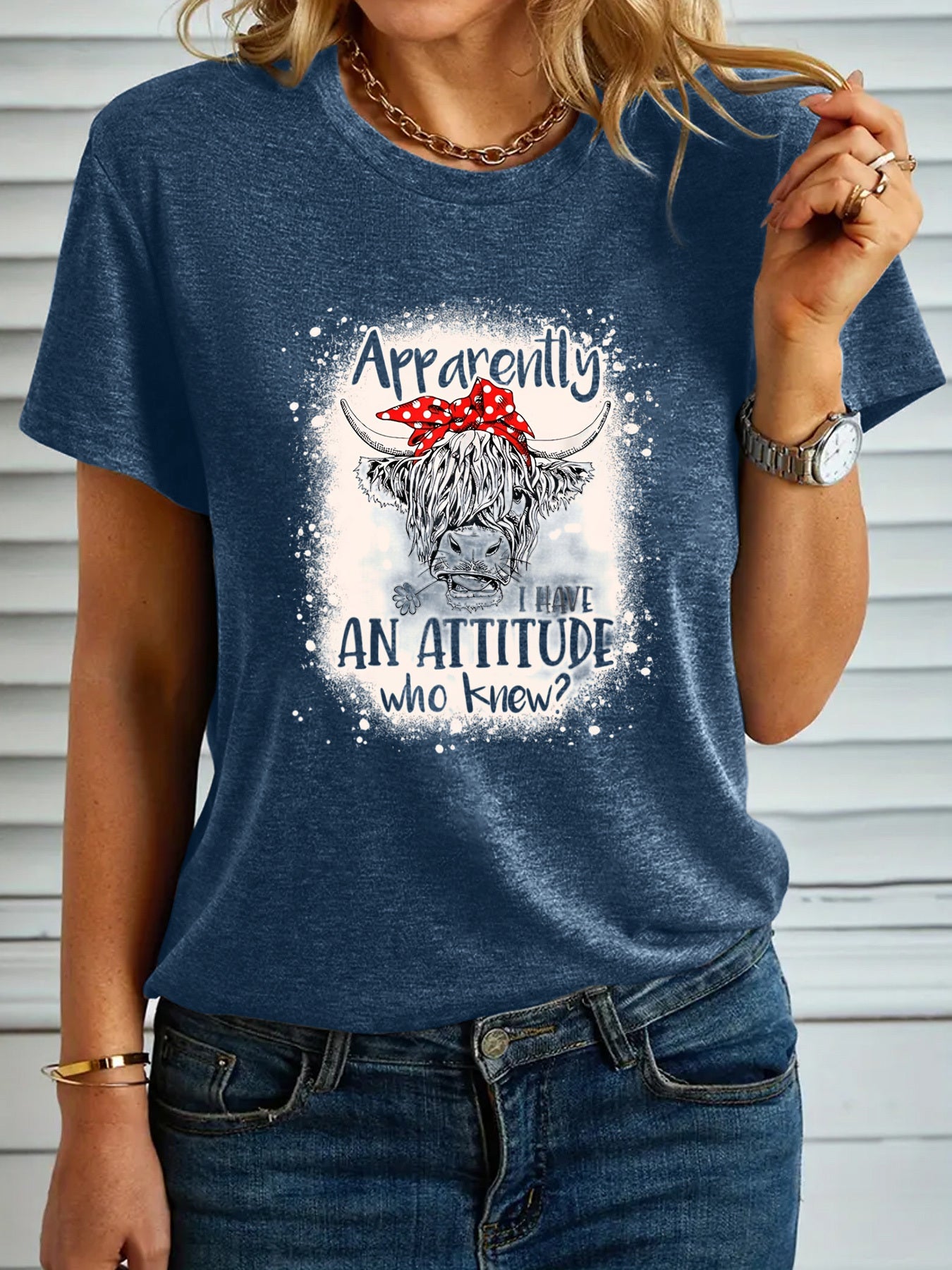 Women's Fashion T-shirt, "Apparently I Have An Attitude Who Knew" Highland Cow Pattern Casual Short Sleeve Top