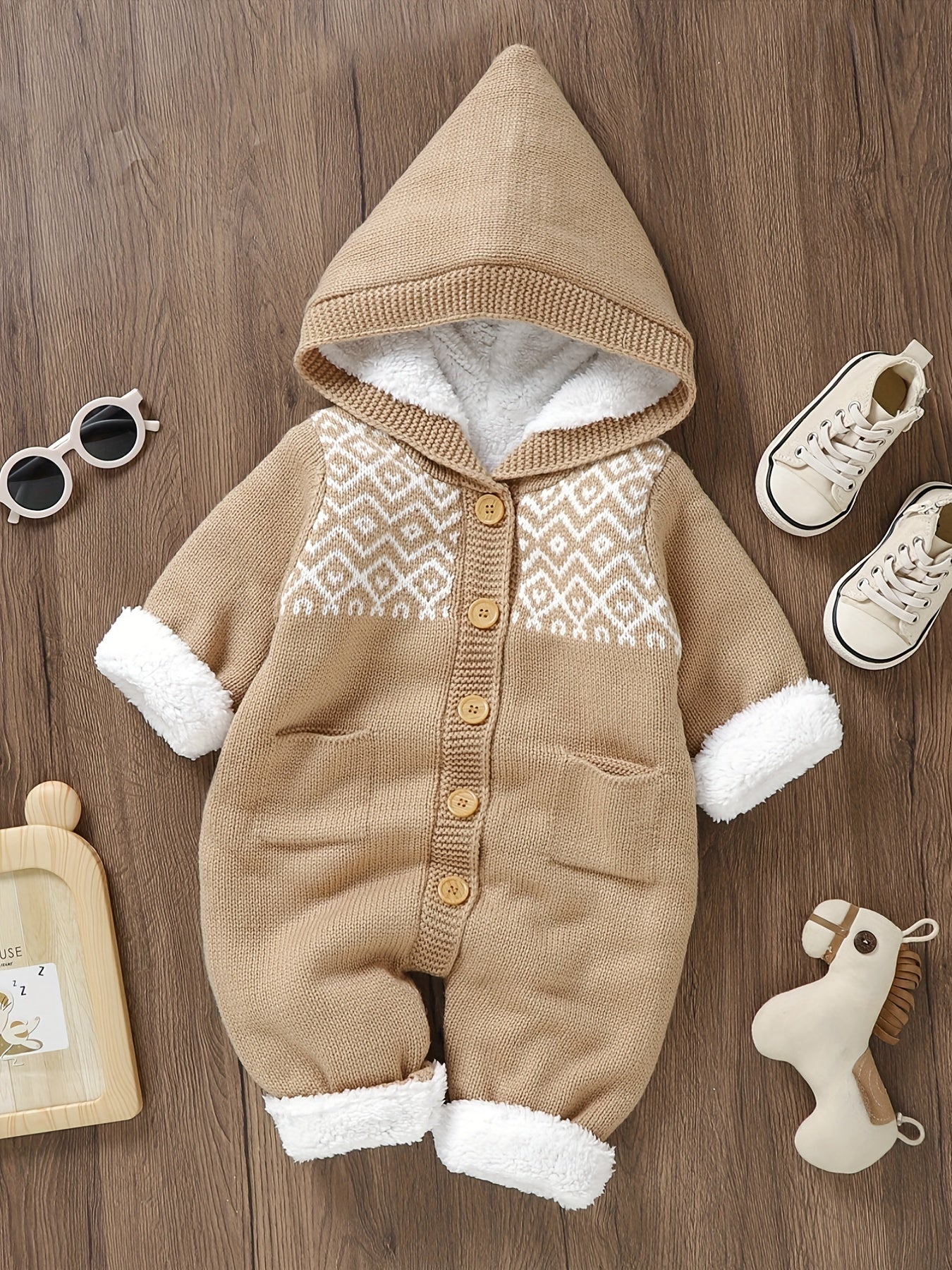 [Knit | Jumpsuit] Long Sleeve Hooded Newborn Boys And Girls Knitted Jumpsuit With Pants