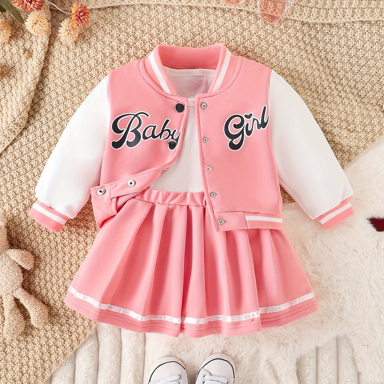 Preppy Style Girls 2pcs BABY GIRL Print Baseball Jacket + Pleated Skirt Outdoor Set For Party Sports Gift