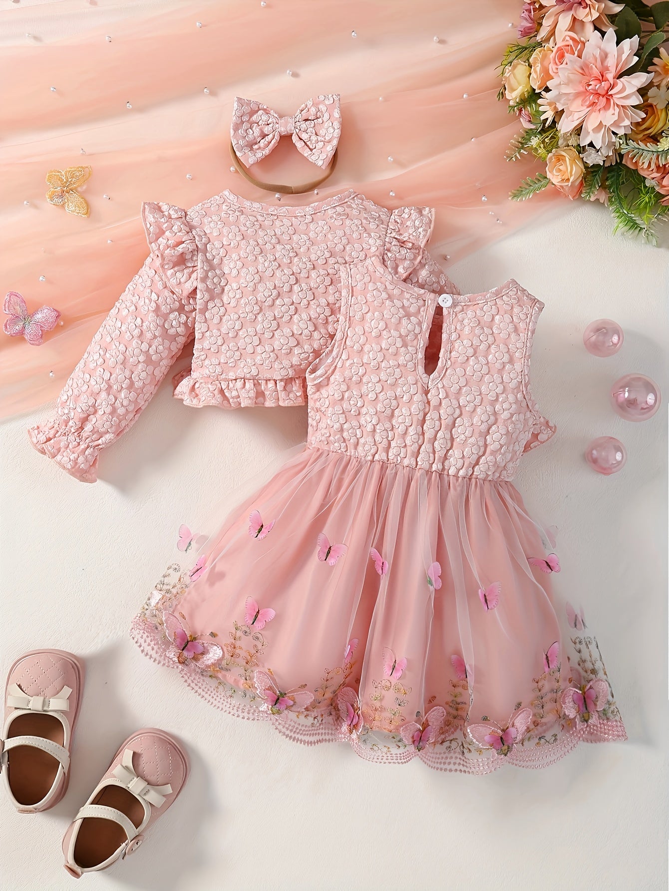 3pcs Set for Baby Girls Featuring a New Spring And Autumn Design with 3D Butterfly Embroidery, a Mesh Dress, a Short Outer Top with Ruffled Textured Sleeves, And a Bow Headband, for Outdoor