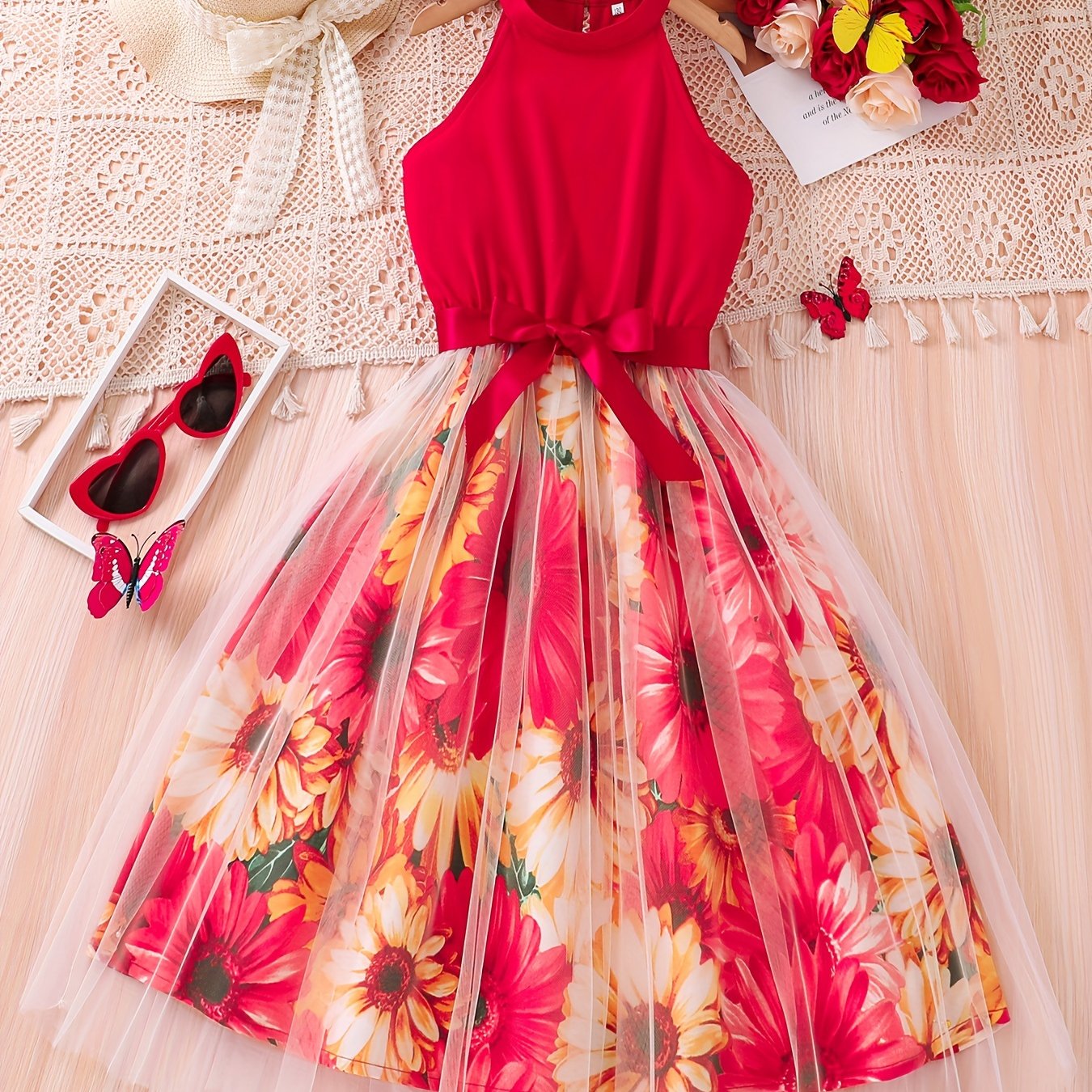 [Elegant Dress] Elegant Summer Party | Girls Splicing Flower Graphic Halter Neck Mesh Dress Tutu Dress | Gift