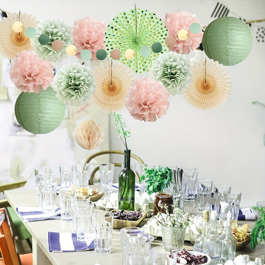 14pcs-Sage Green Paper Fan Lantern Set Bean Green Paper Flower Round Pieces String Wedding Party Decoration Supplies