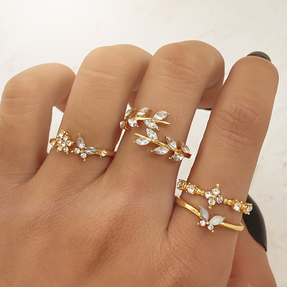 4pcs Stylish Stacking Rings Sparkling Leaf/ Butterfly/ Flower Design Inlaid Gemstone Match Daily Outfits Party Accessories