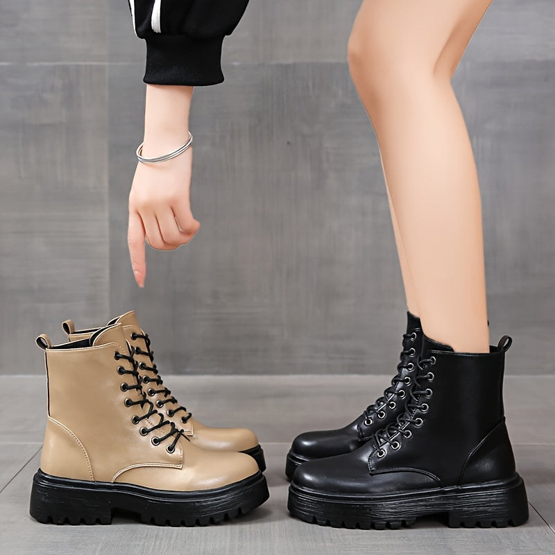 Women's Chunky Platform Round-Toe Ankle Boots with Thick TPR Sole & Faux Upper - Chunky Heel (1-2cm) Round Toe s, Black Faux & TPR Outsole for Casual, Office, Party - Round-Toe Booties